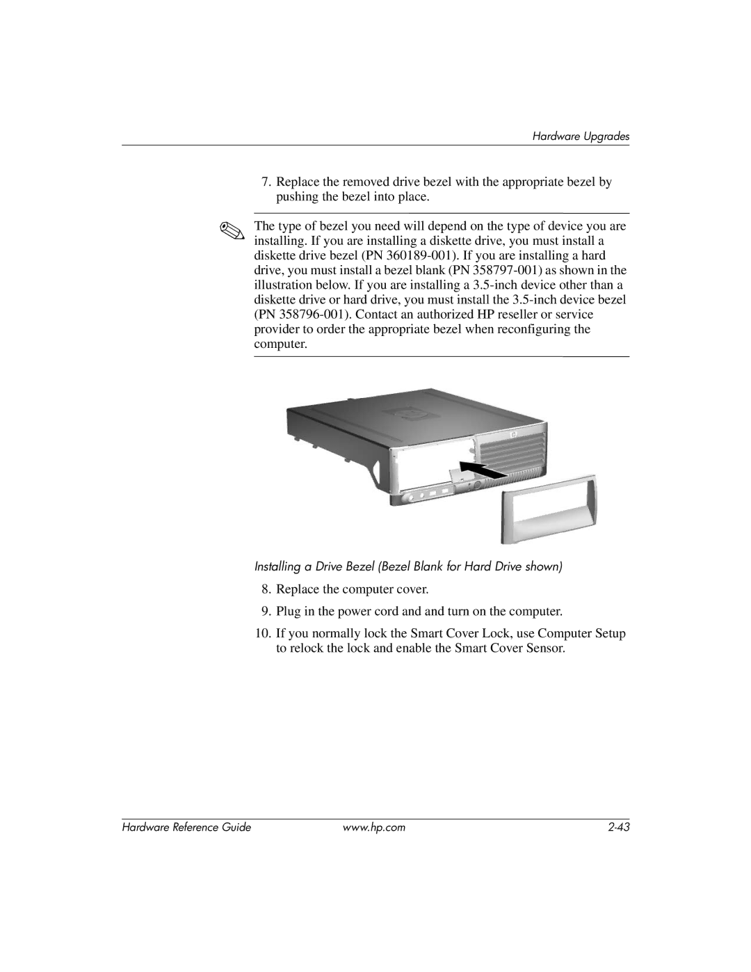 HP dc7600 manual Installing a Drive Bezel Bezel Blank for Hard Drive shown 