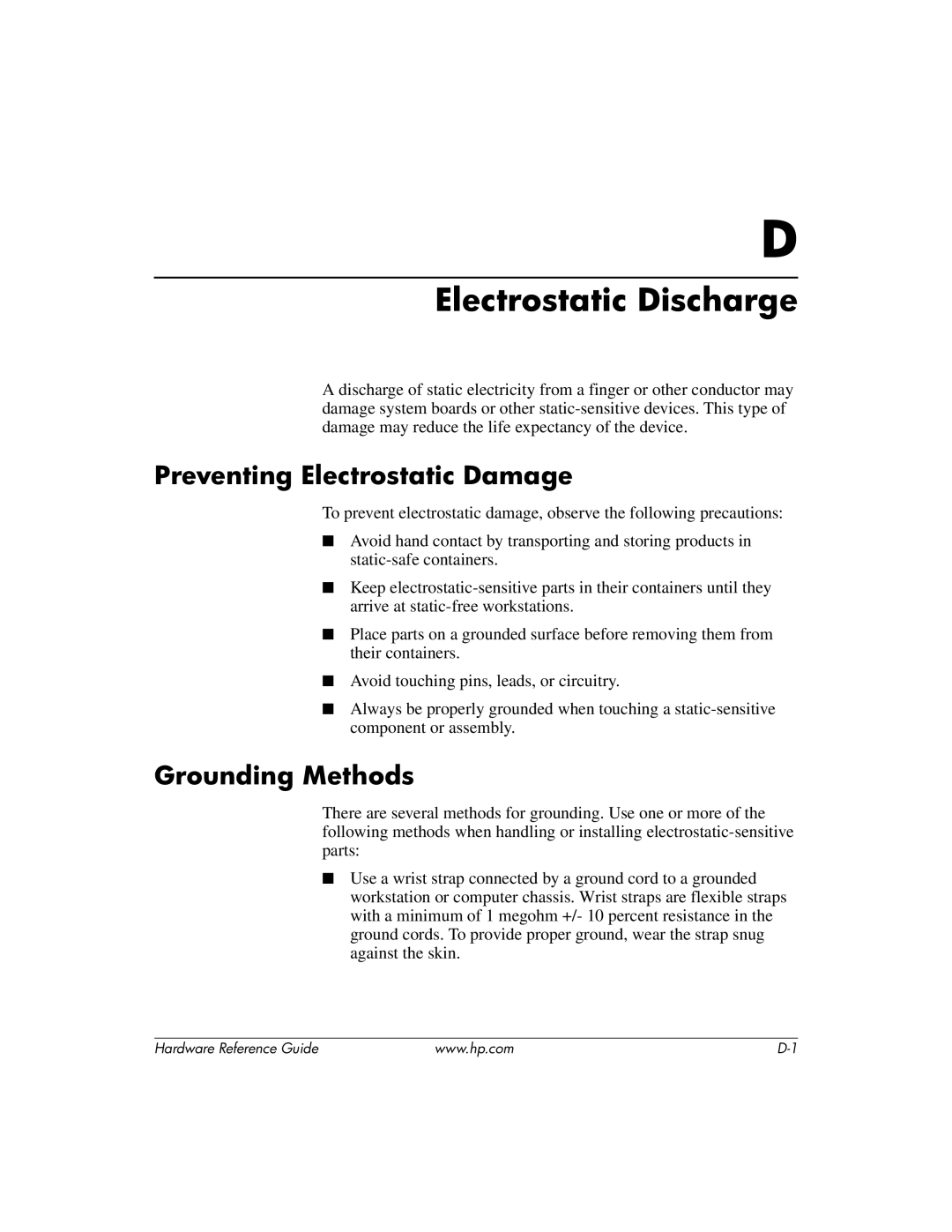 HP dc7600 manual Electrostatic Discharge, Preventing Electrostatic Damage, Grounding Methods 