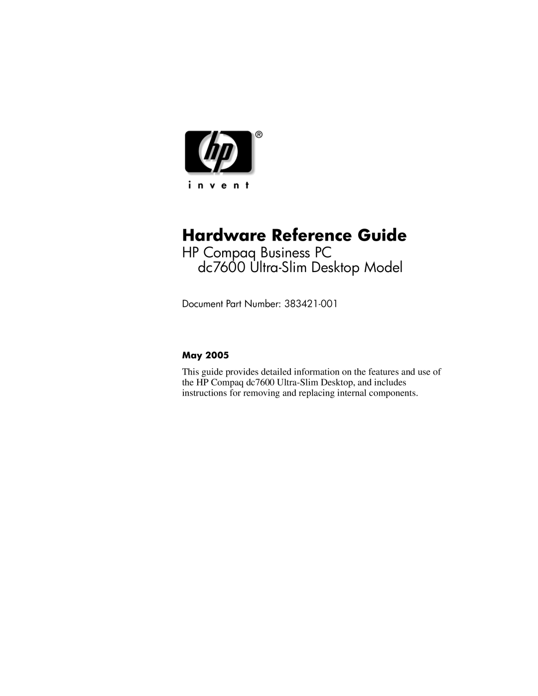 HP dc7600 manual Hardware Reference Guide 