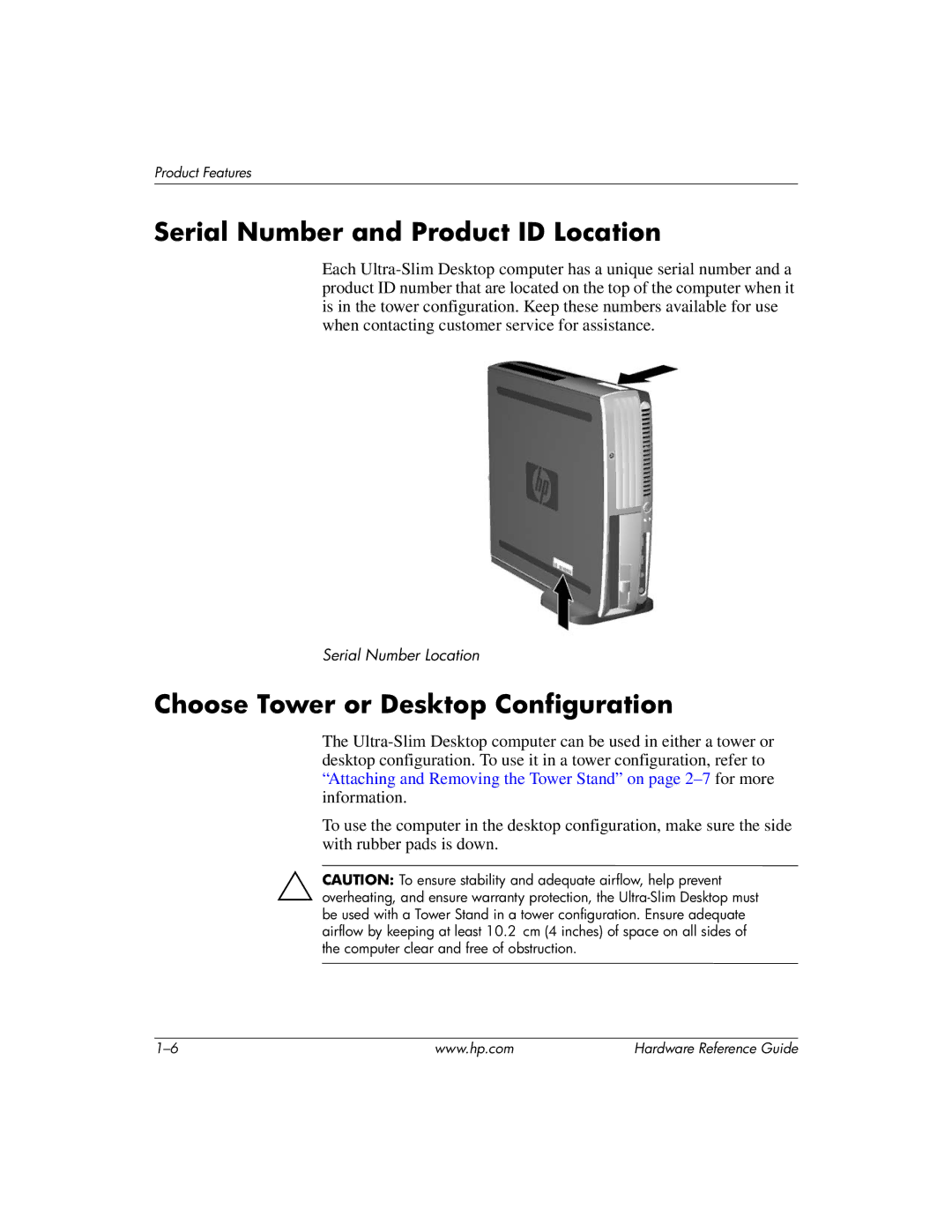 HP dc7600 manual Serial Number and Product ID Location, Choose Tower or Desktop Configuration 