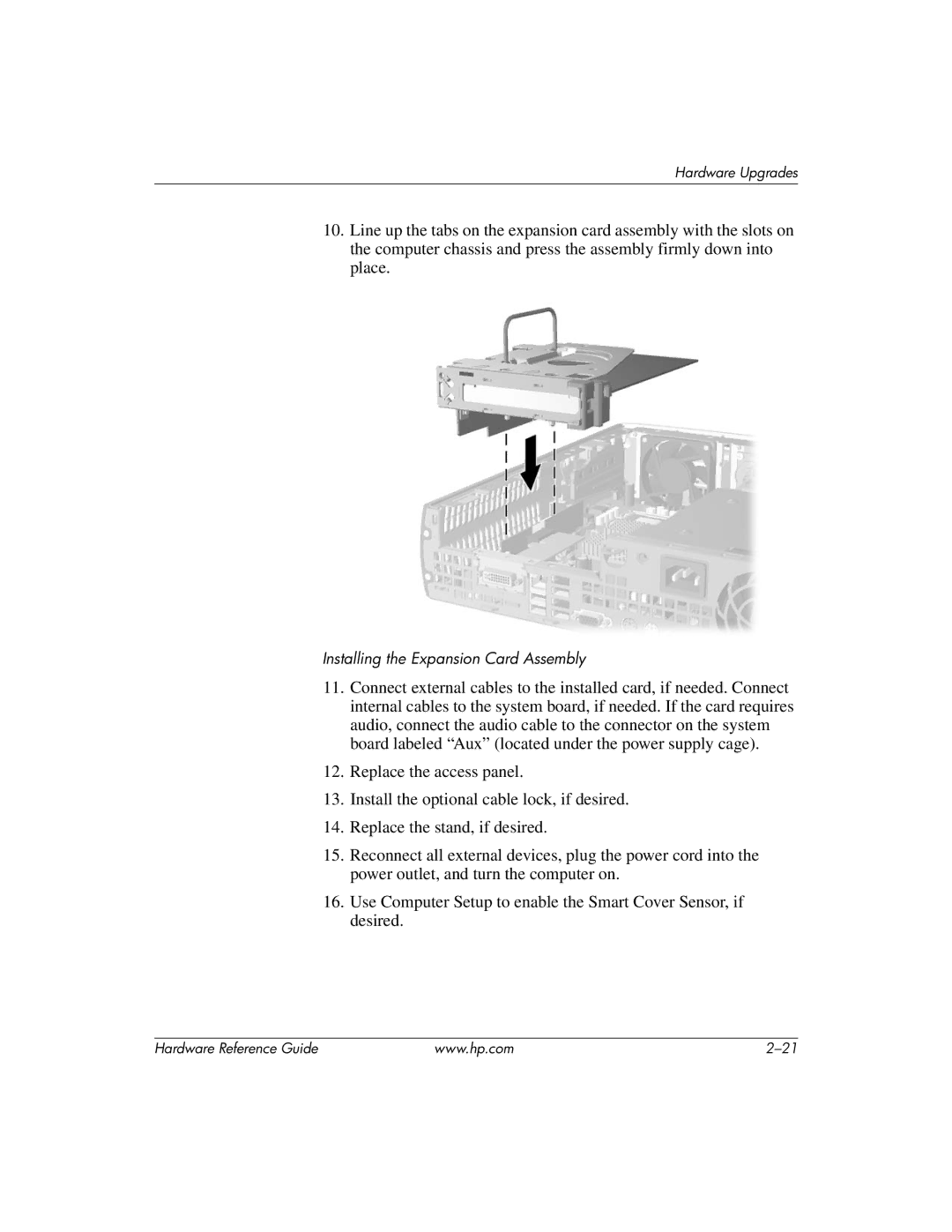 HP dc7600 manual Installing the Expansion Card Assembly 