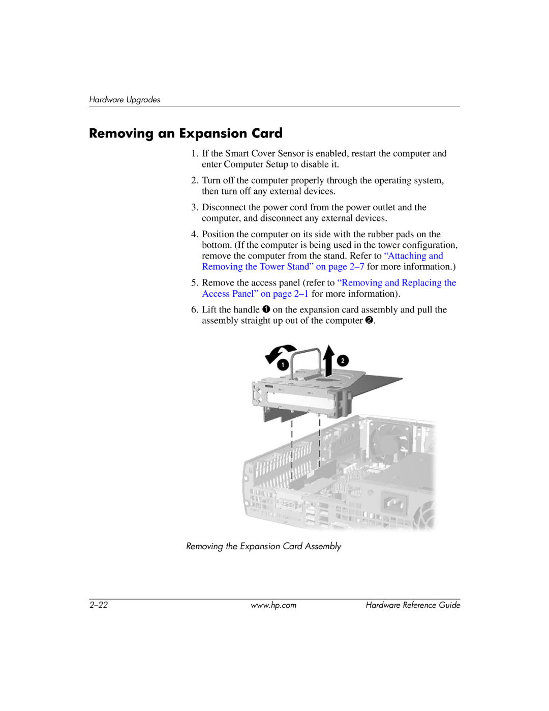 HP dc7600 manual Removing an Expansion Card 