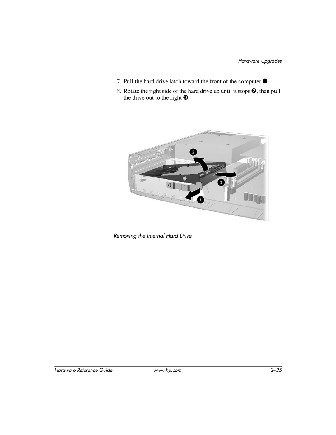 HP dc7600 manual Removing the Internal Hard Drive 