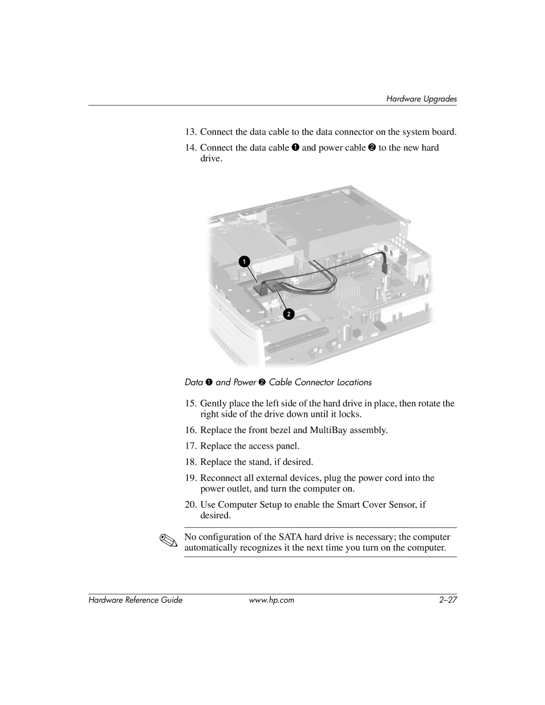 HP dc7600 manual Data 1 and Power 2 Cable Connector Locations 