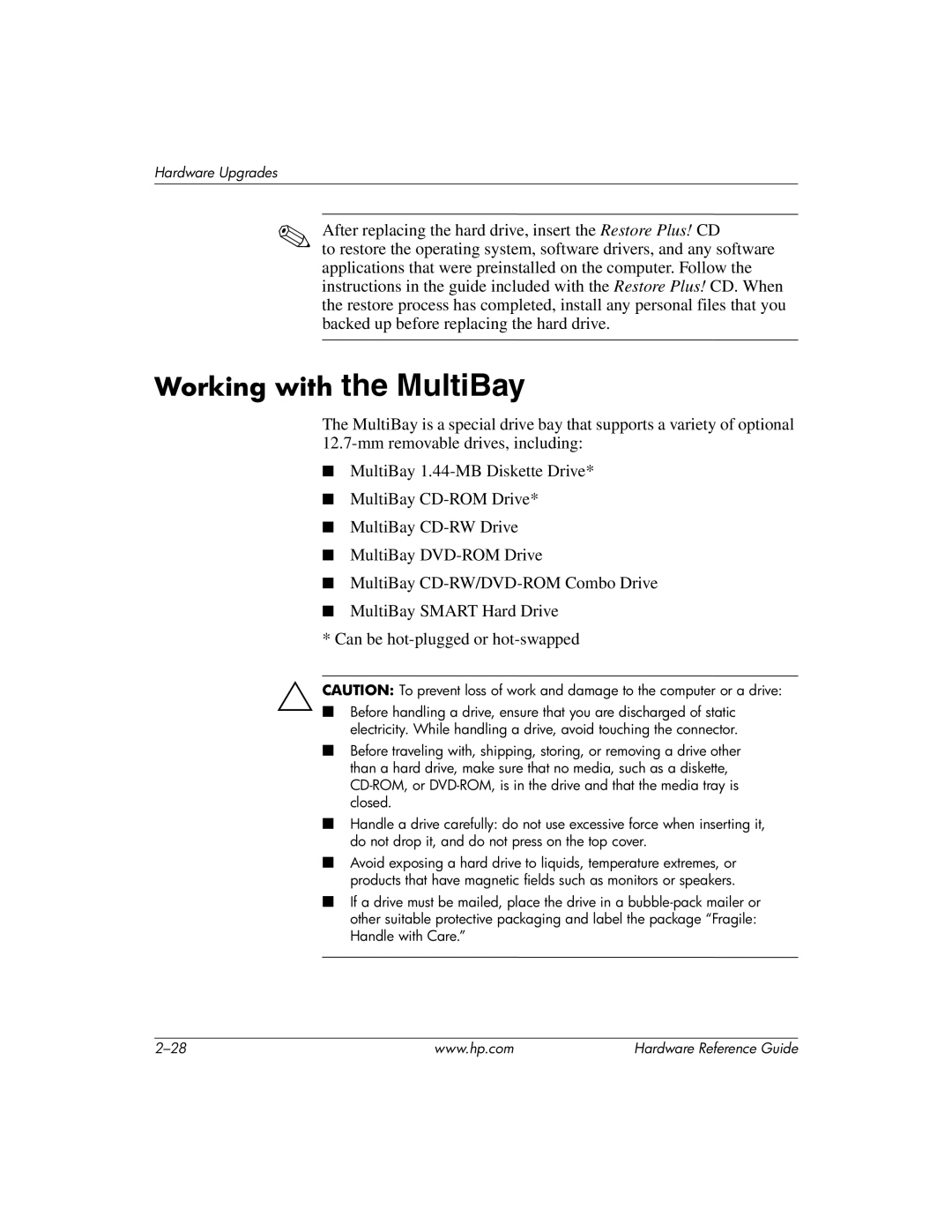 HP dc7600 manual Working with the MultiBay 