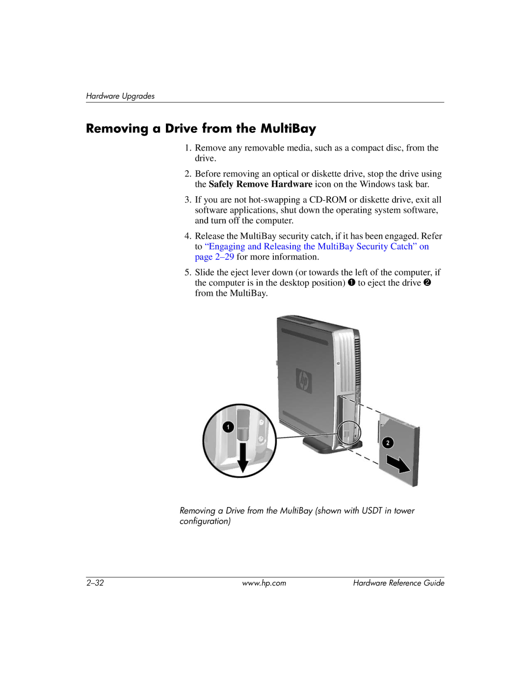 HP dc7600 manual Removing a Drive from the MultiBay 