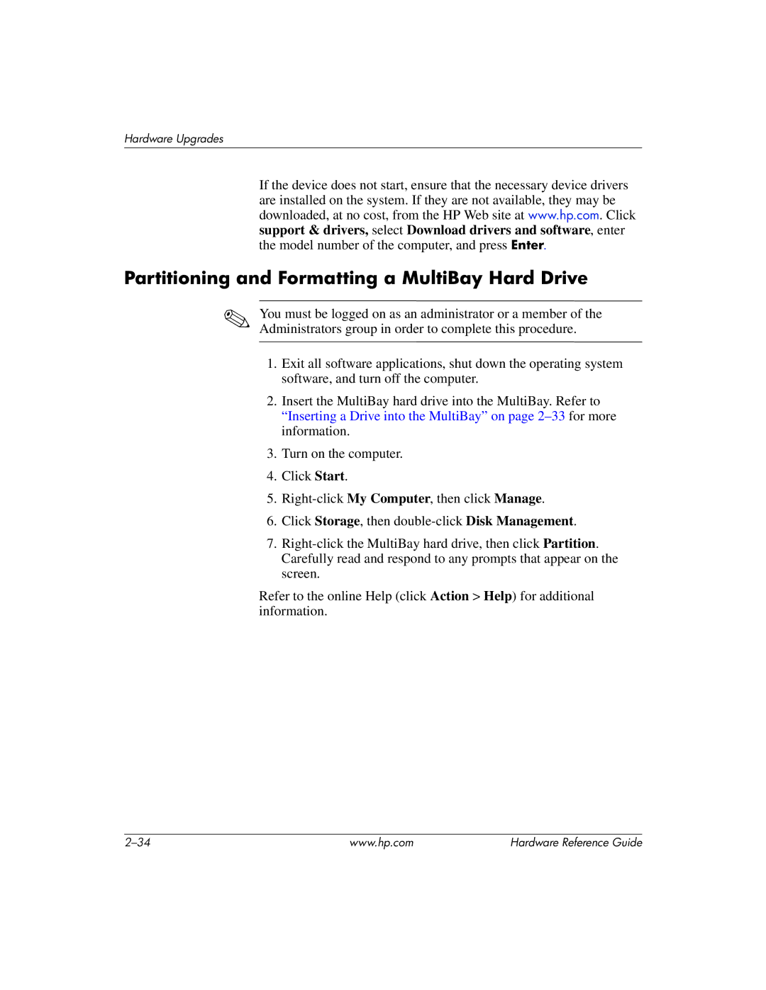 HP dc7600 manual Partitioning and Formatting a MultiBay Hard Drive 