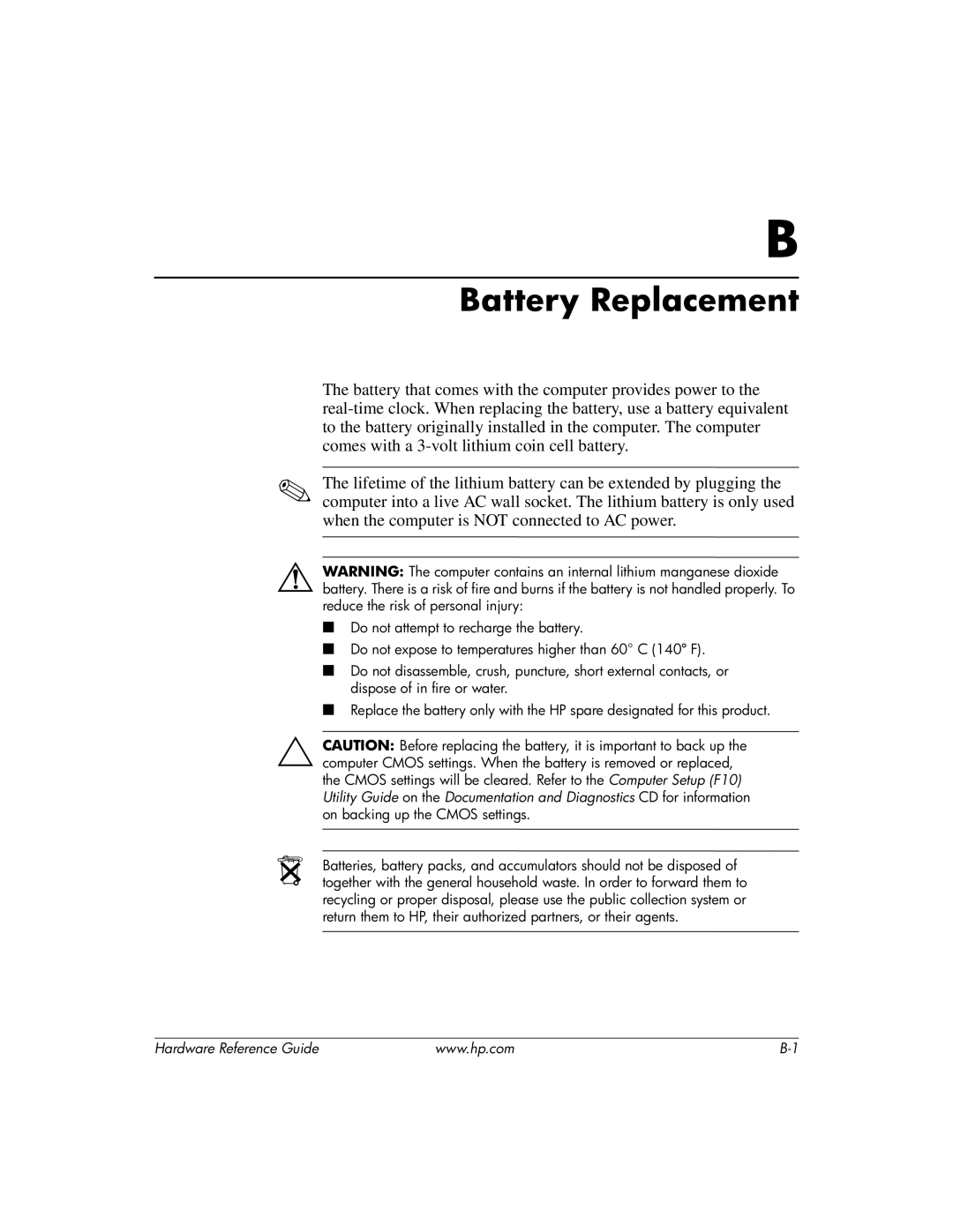 HP dc7600 manual Battery Replacement 