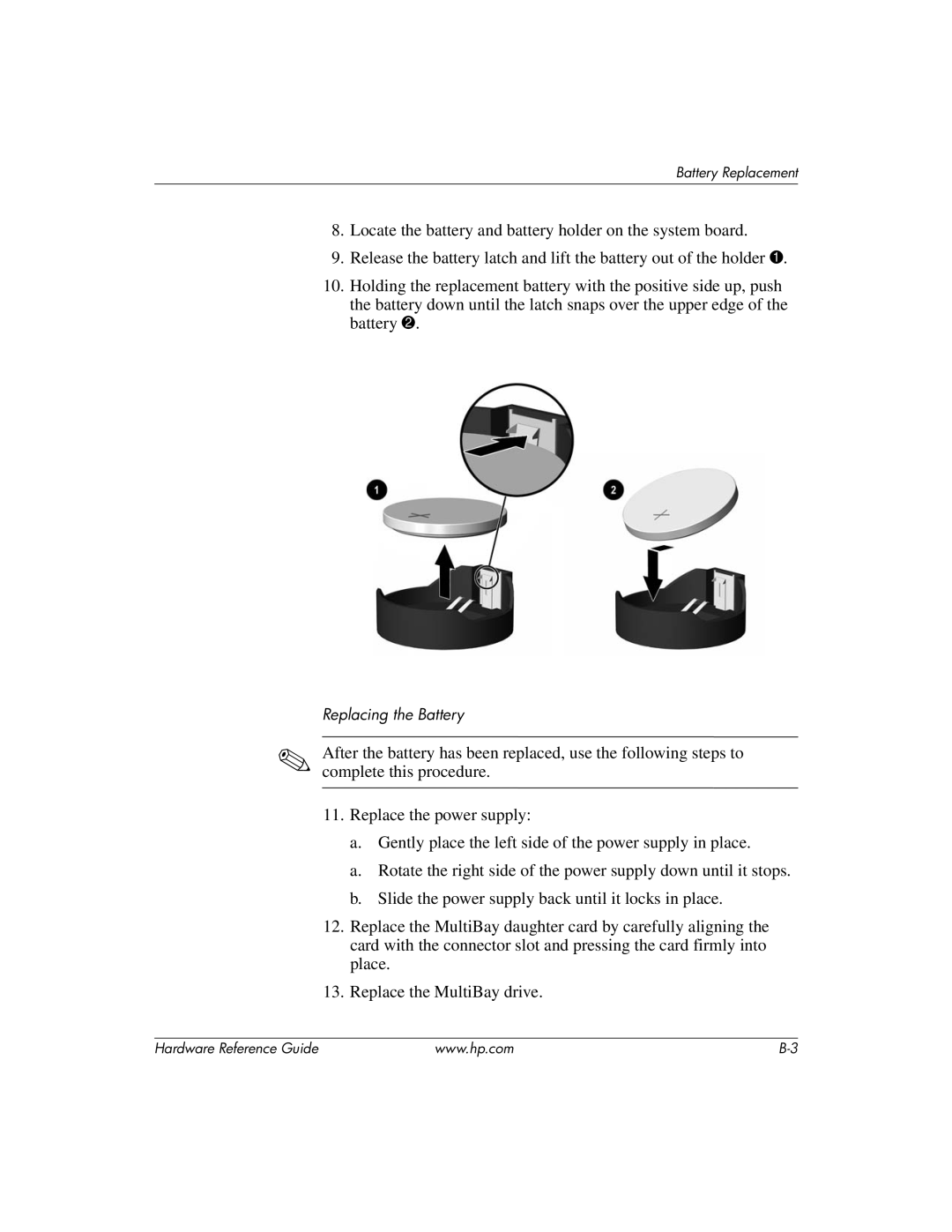 HP dc7600 manual Replacing the Battery 