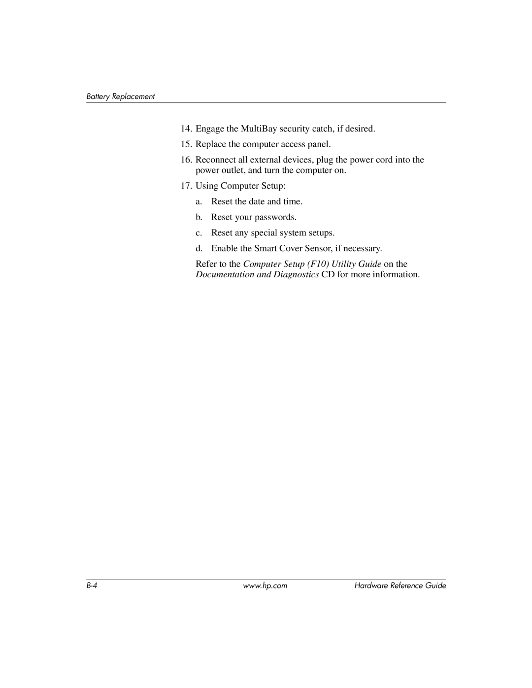 HP dc7600 manual Battery Replacement 