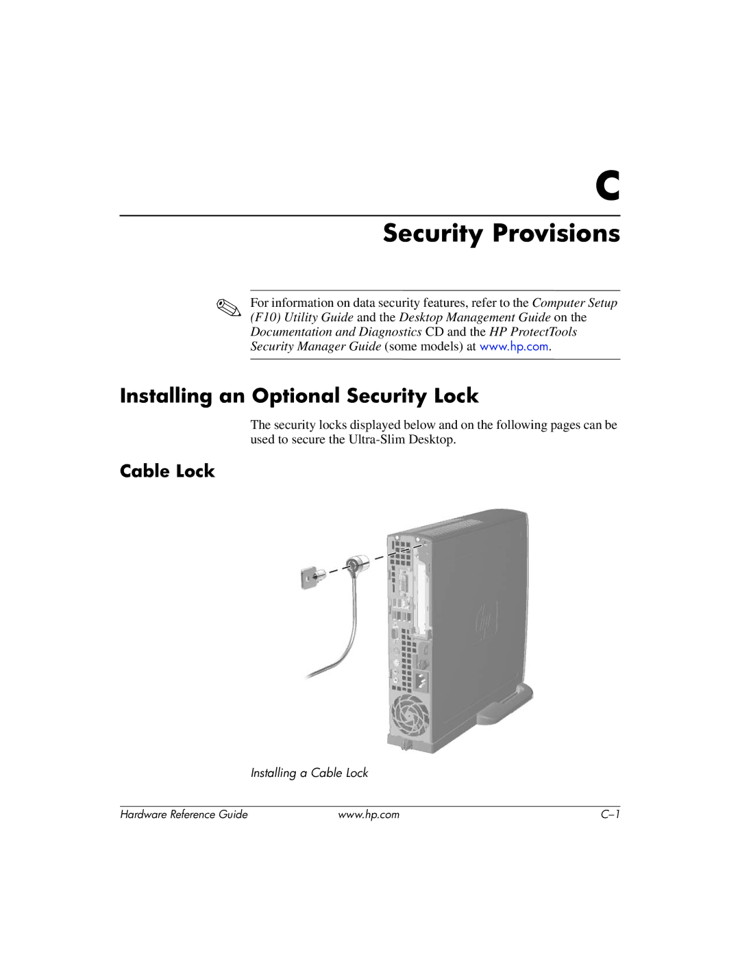 HP dc7600 manual Security Provisions, Installing an Optional Security Lock, Cable Lock 