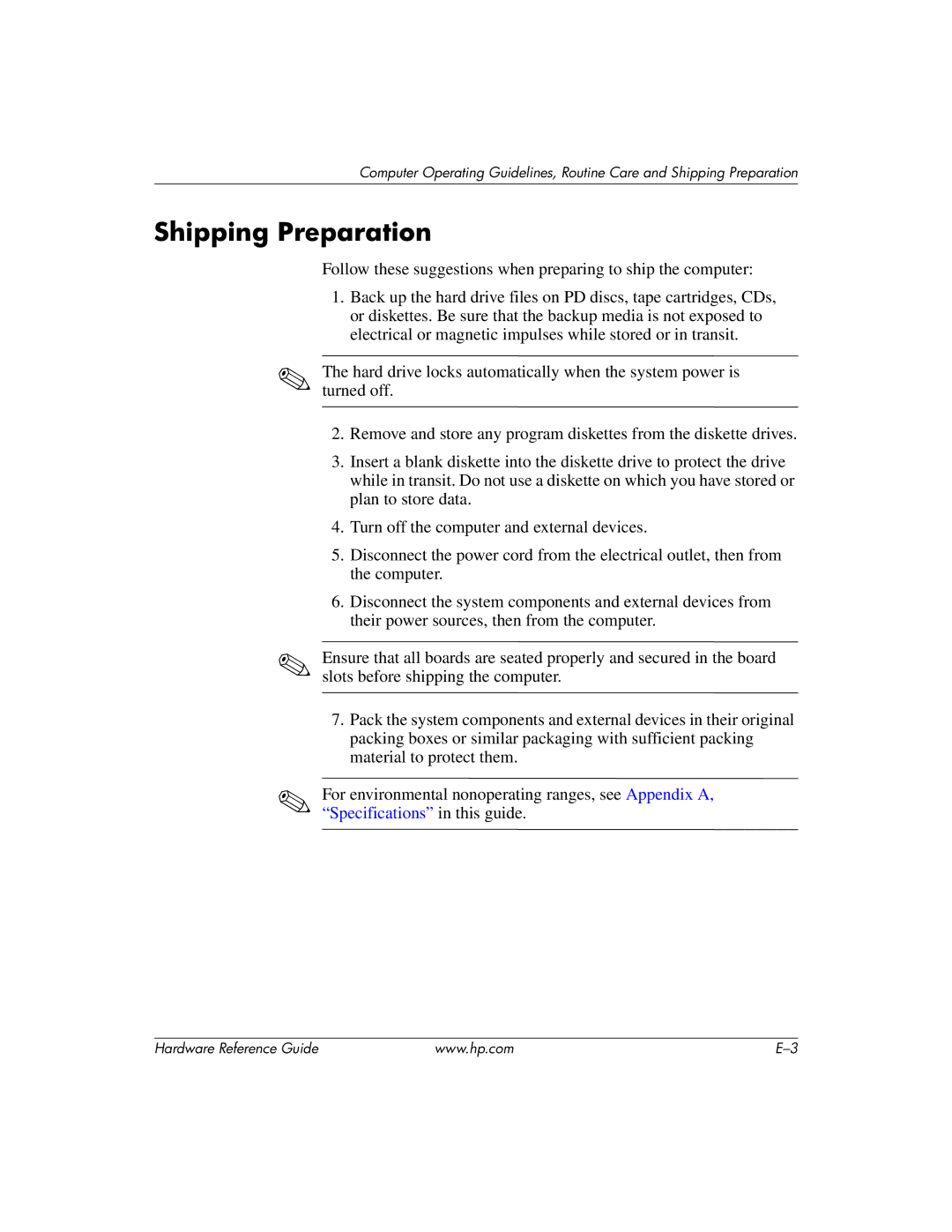 HP dc7600 manual Shipping Preparation 