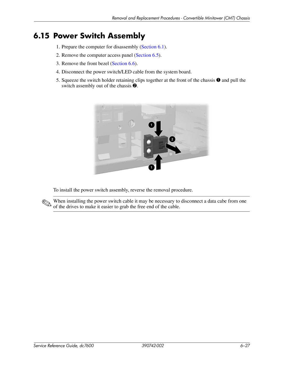 HP dc7608 manual Power Switch Assembly 