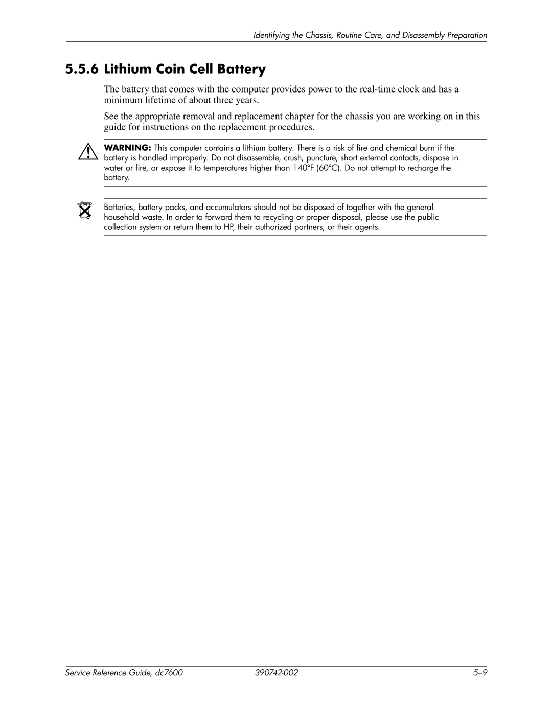 HP dc7608 manual Lithium Coin Cell Battery 