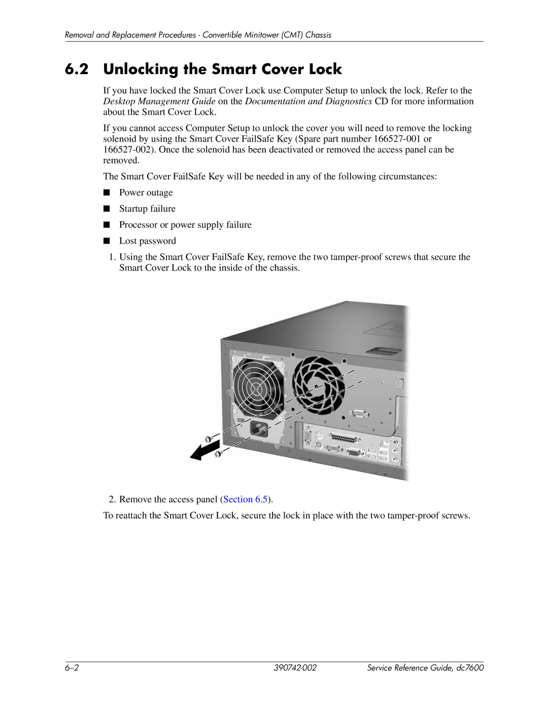 HP dc7608 manual Unlocking the Smart Cover Lock 