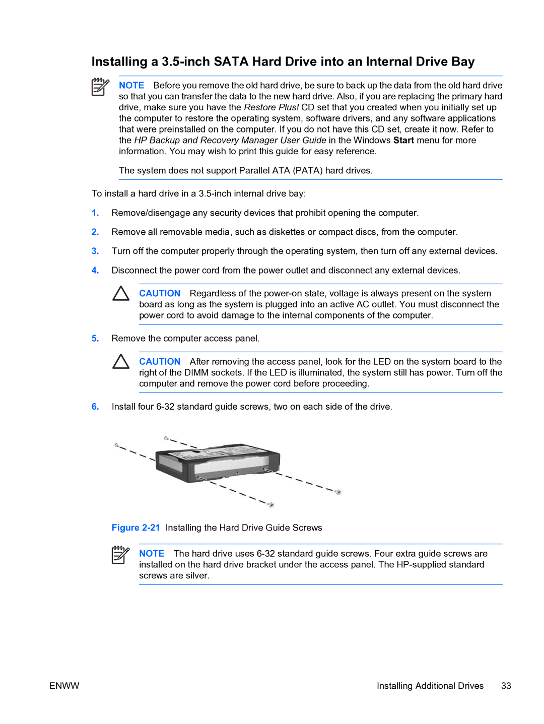 HP dc7700 tower manual 21Installing the Hard Drive Guide Screws 