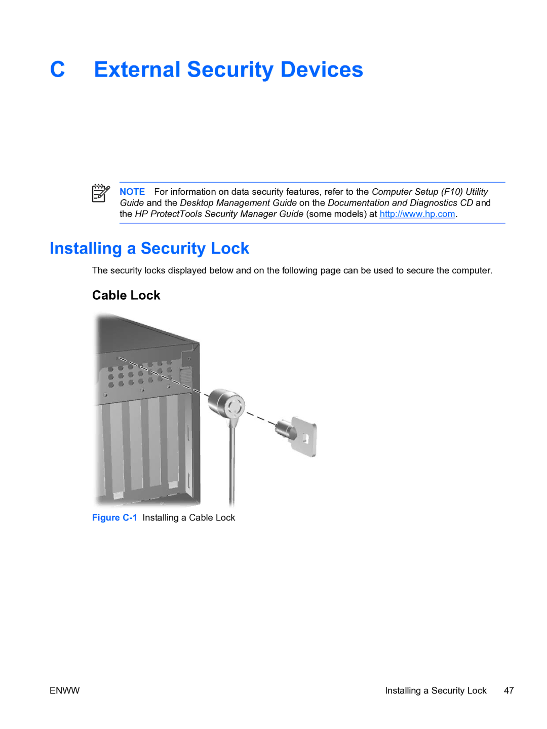 HP dc7700 tower manual External Security Devices, Installing a Security Lock, Cable Lock 