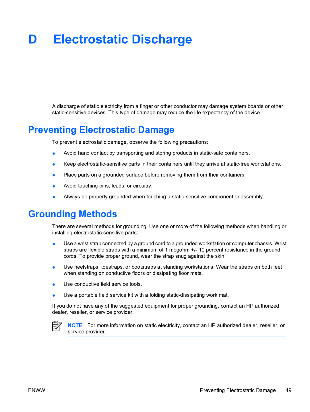 HP dc7700 tower manual Electrostatic Discharge, Preventing Electrostatic Damage, Grounding Methods 