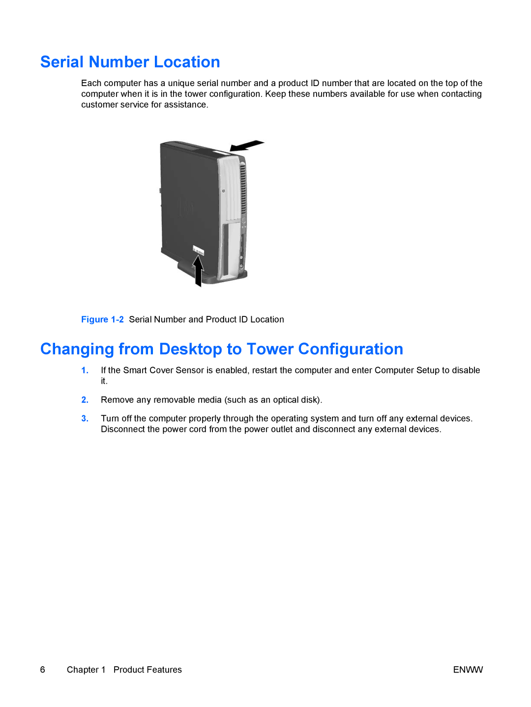 HP dc7700 manual Serial Number Location, Changing from Desktop to Tower Configuration 