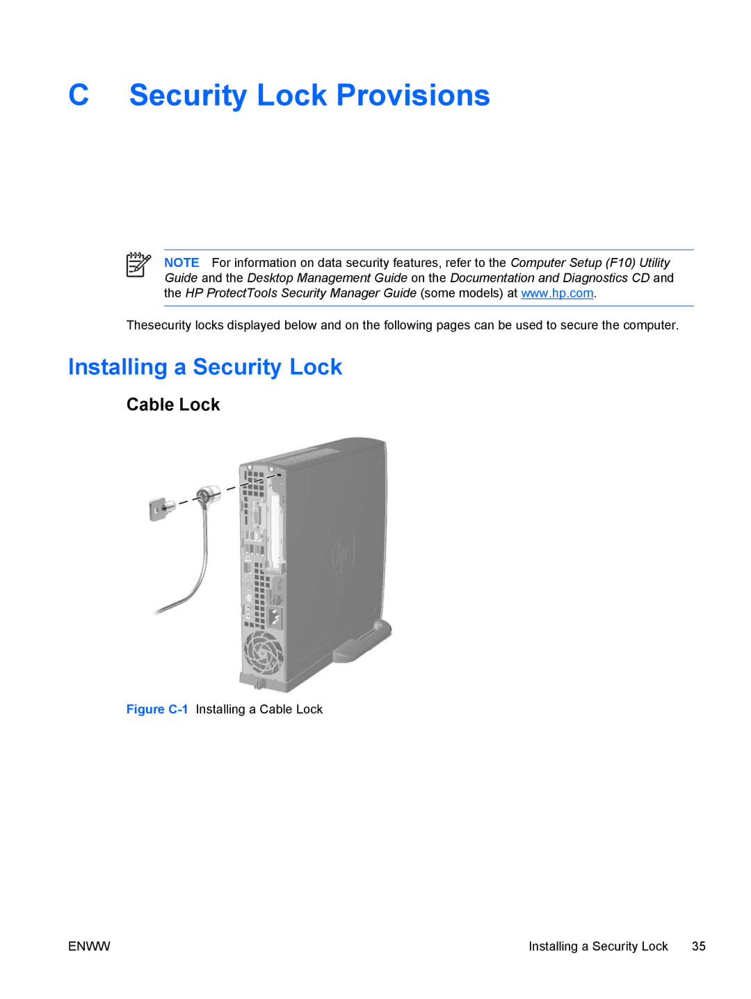 HP dc7700 manual Security Lock Provisions, Installing a Security Lock, Cable Lock 