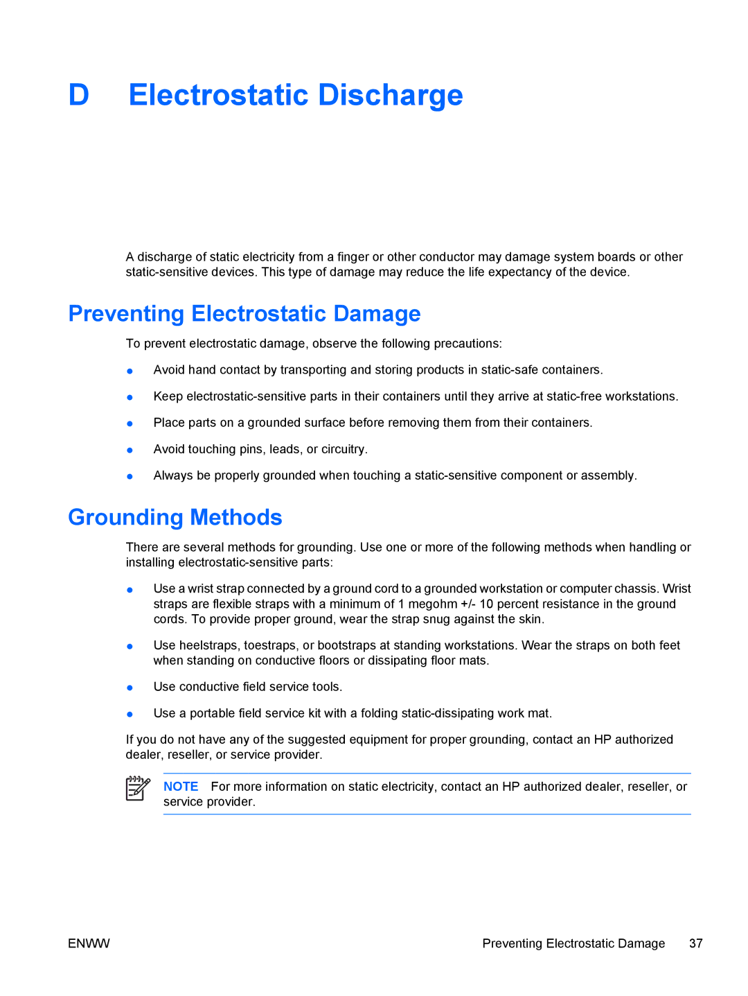 HP dc7700 manual Electrostatic Discharge, Preventing Electrostatic Damage, Grounding Methods 