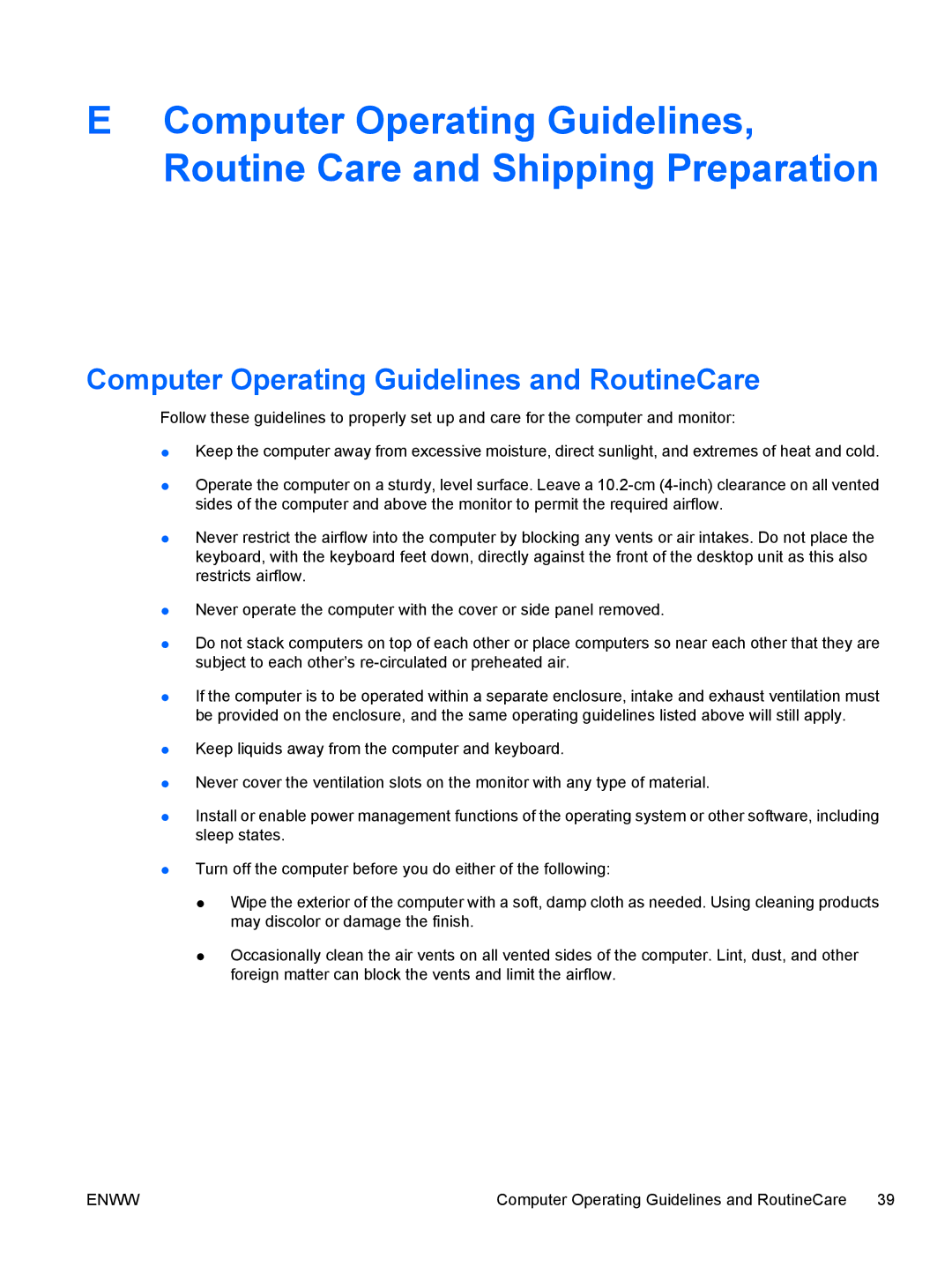 HP dc7700 manual Computer Operating Guidelines and RoutineCare 