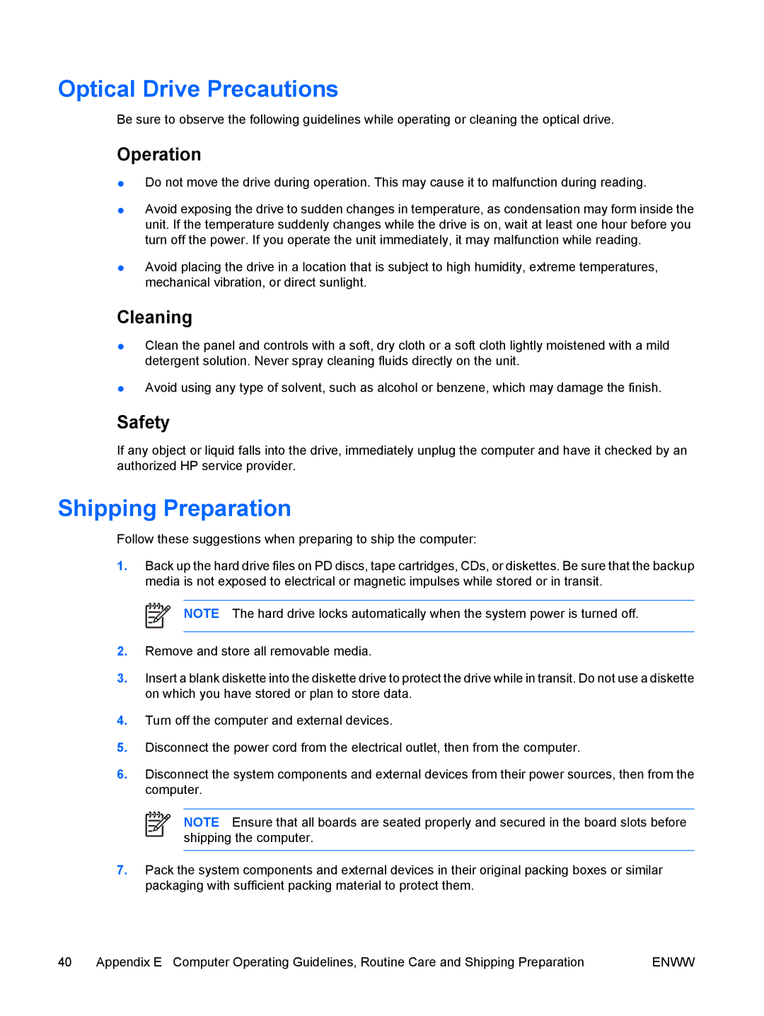 HP dc7700 manual Optical Drive Precautions, Shipping Preparation, Operation, Cleaning, Safety 