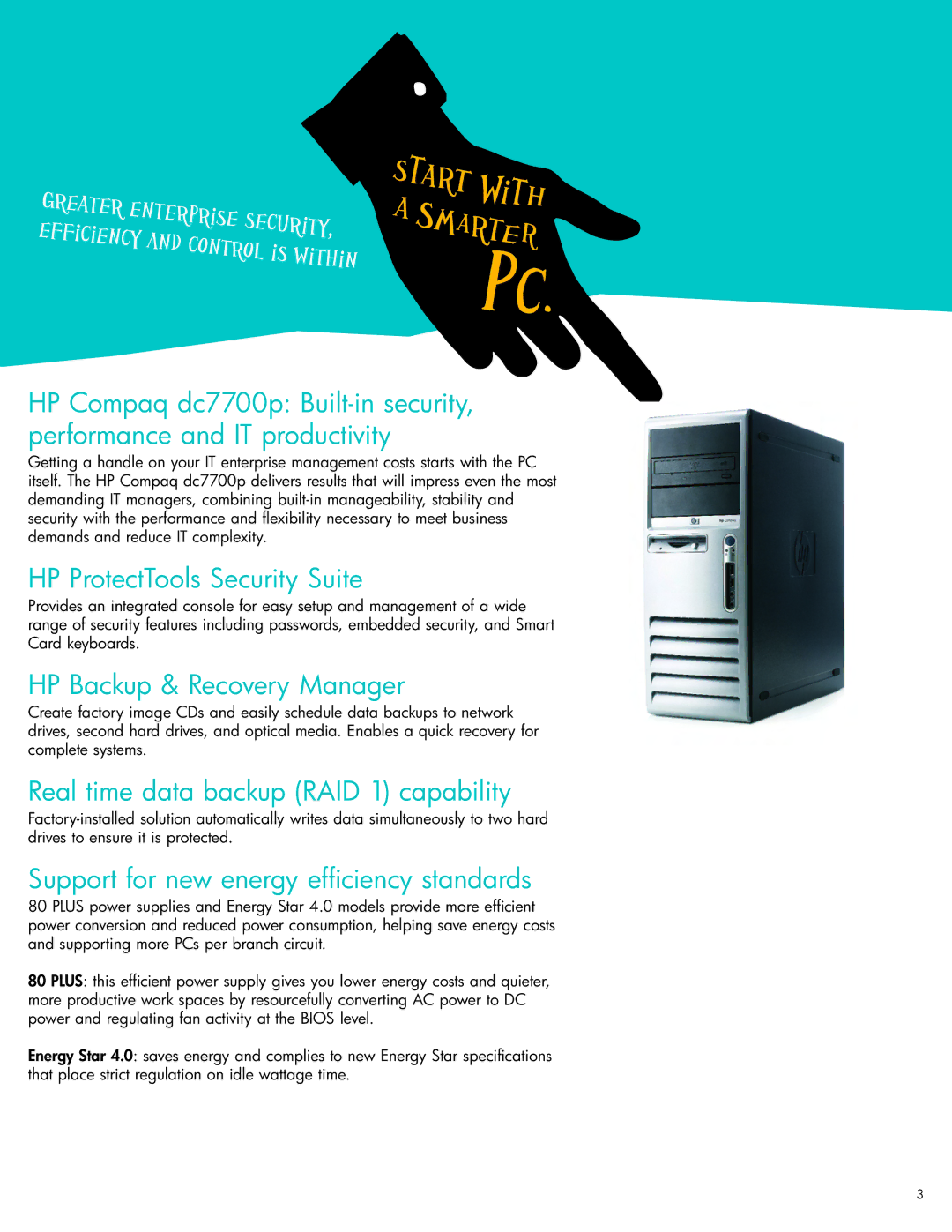 HP DC7700P manual HP ProtectTools Security Suite, HP Backup & Recovery Manager, Real time data backup RAID 1 capability 