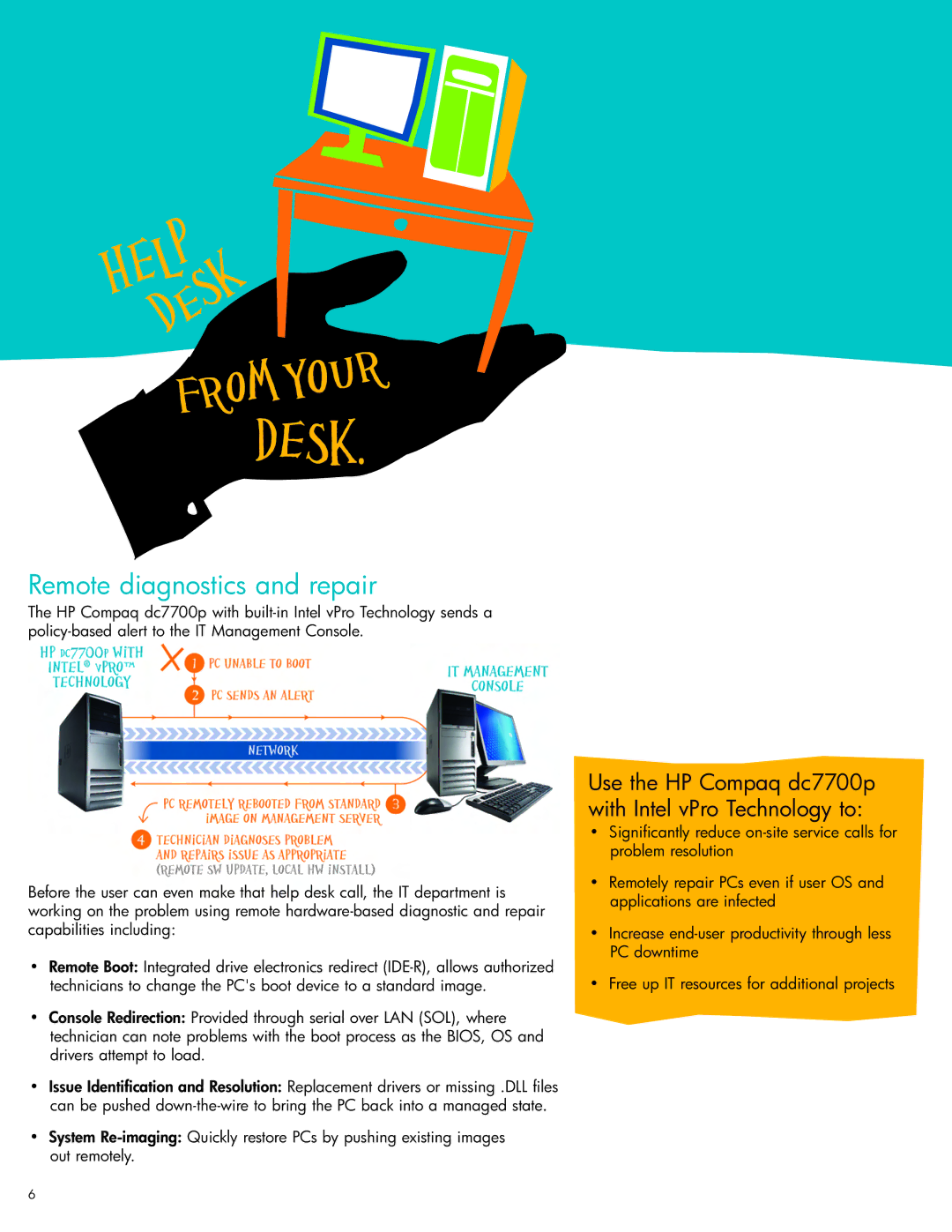 HP DC7700P manual Remote diagnostics and repair, Use the HP Compaq dc7700p with Intel vPro Technology to 