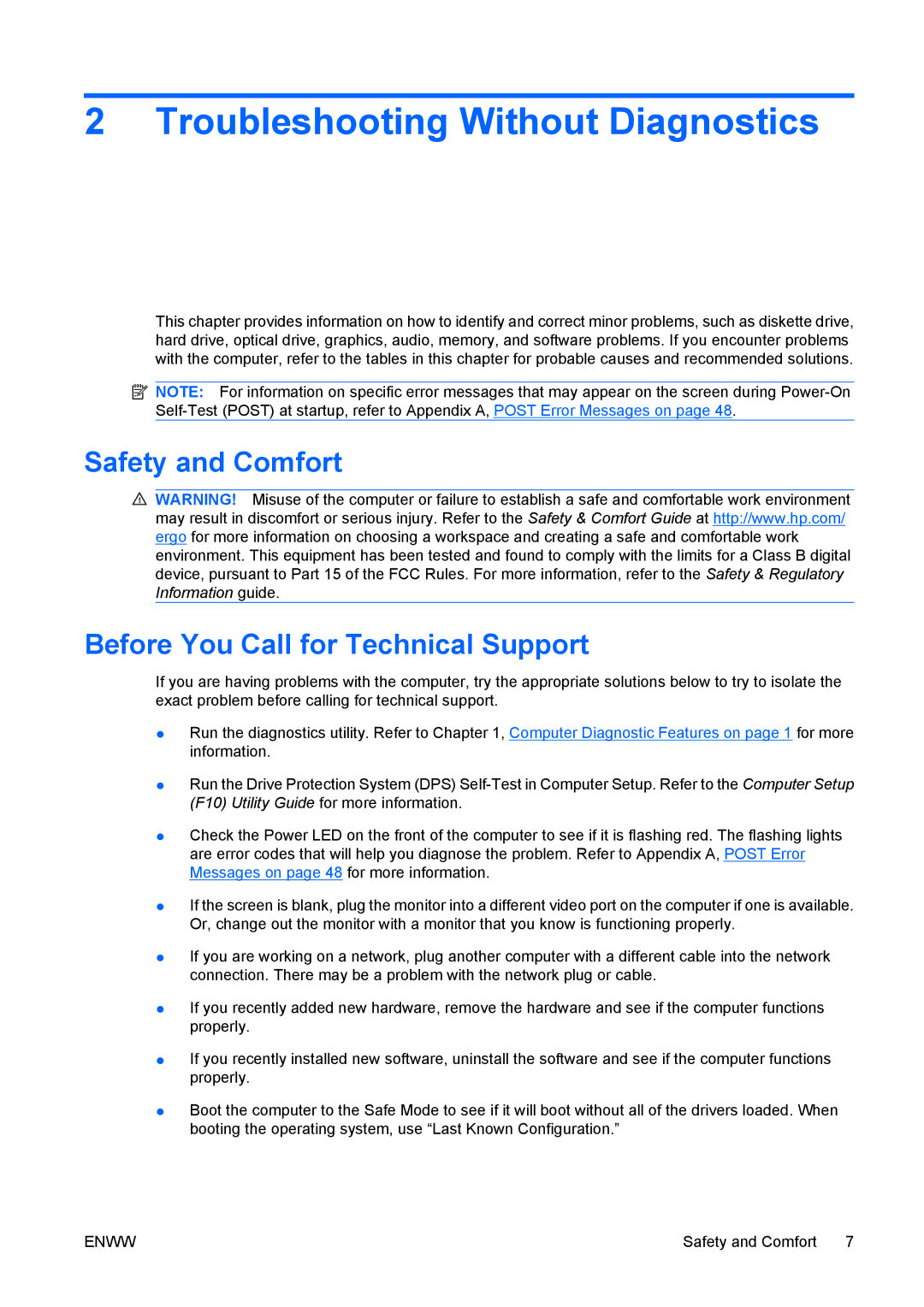 HP dc7800 tower manual Safety and Comfort Before You Call for Technical Support 