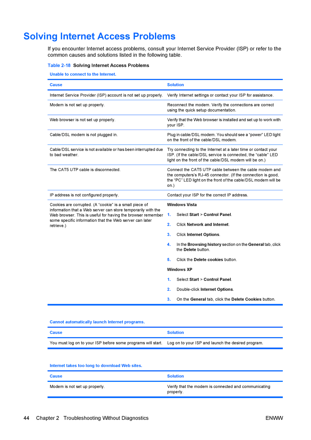 HP dc7800 tower manual 18Solving Internet Access Problems, Unable to connect to the Internet Cause Solution 