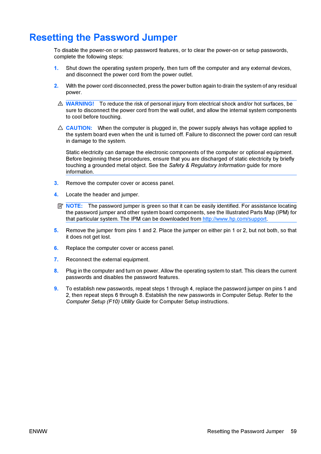 HP dc7800 tower manual Resetting the Password Jumper 