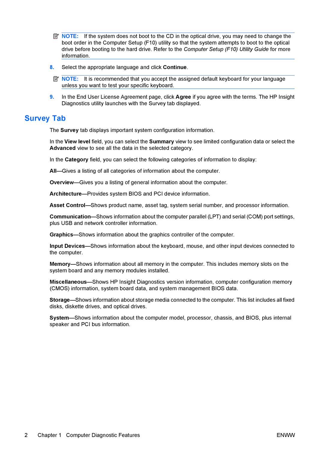 HP dc7800 tower manual Survey Tab 