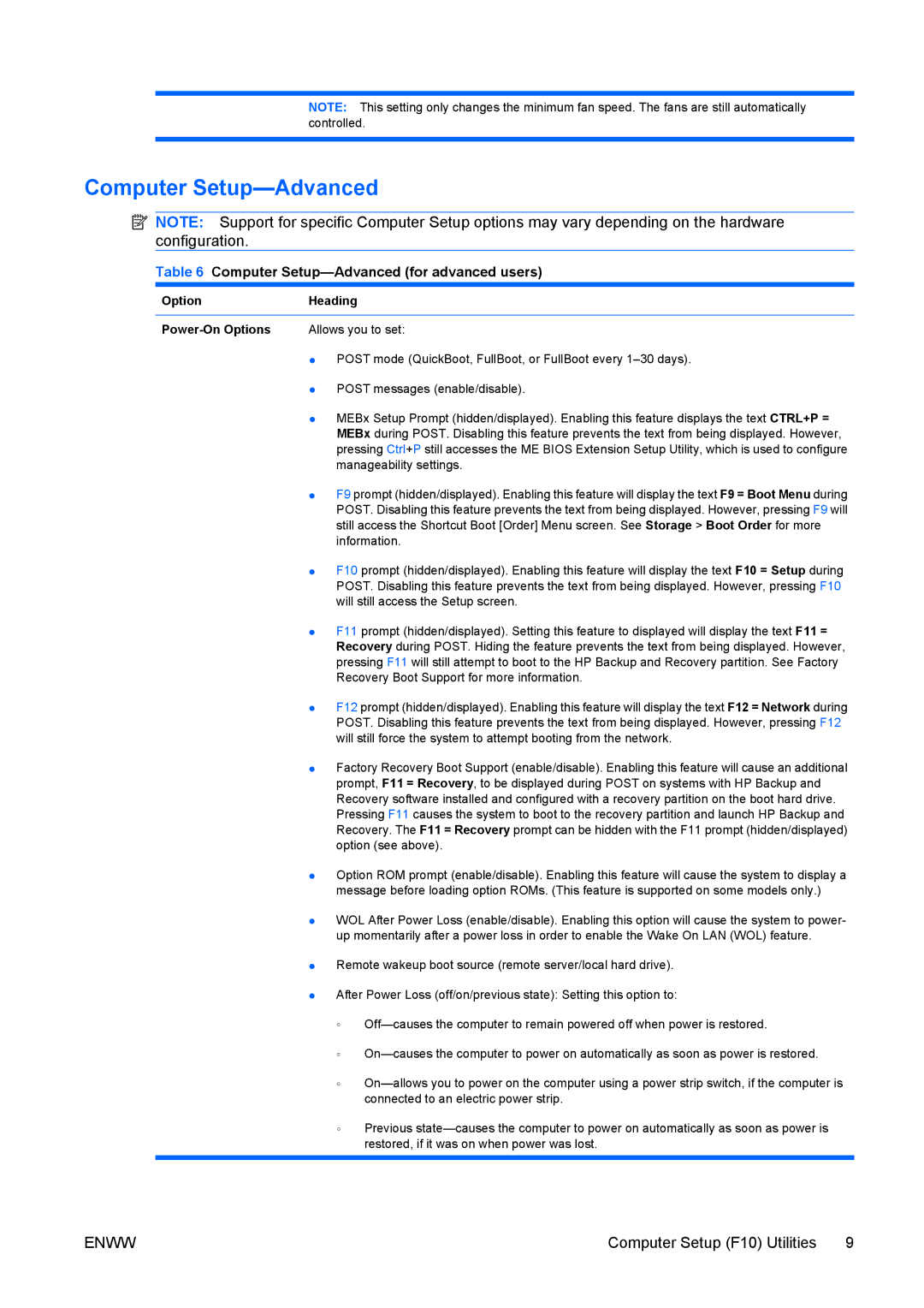 HP dc7800 tower manual Computer Setup-Advanced for advanced users, Option Heading Power-On Options 