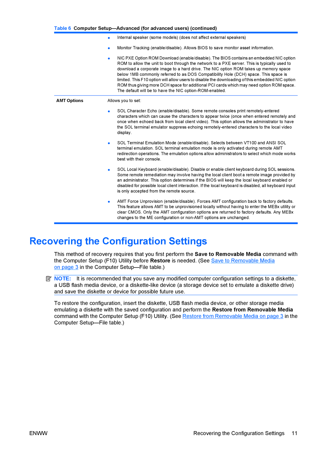 HP dc7800 tower manual Recovering the Configuration Settings, AMT Options 