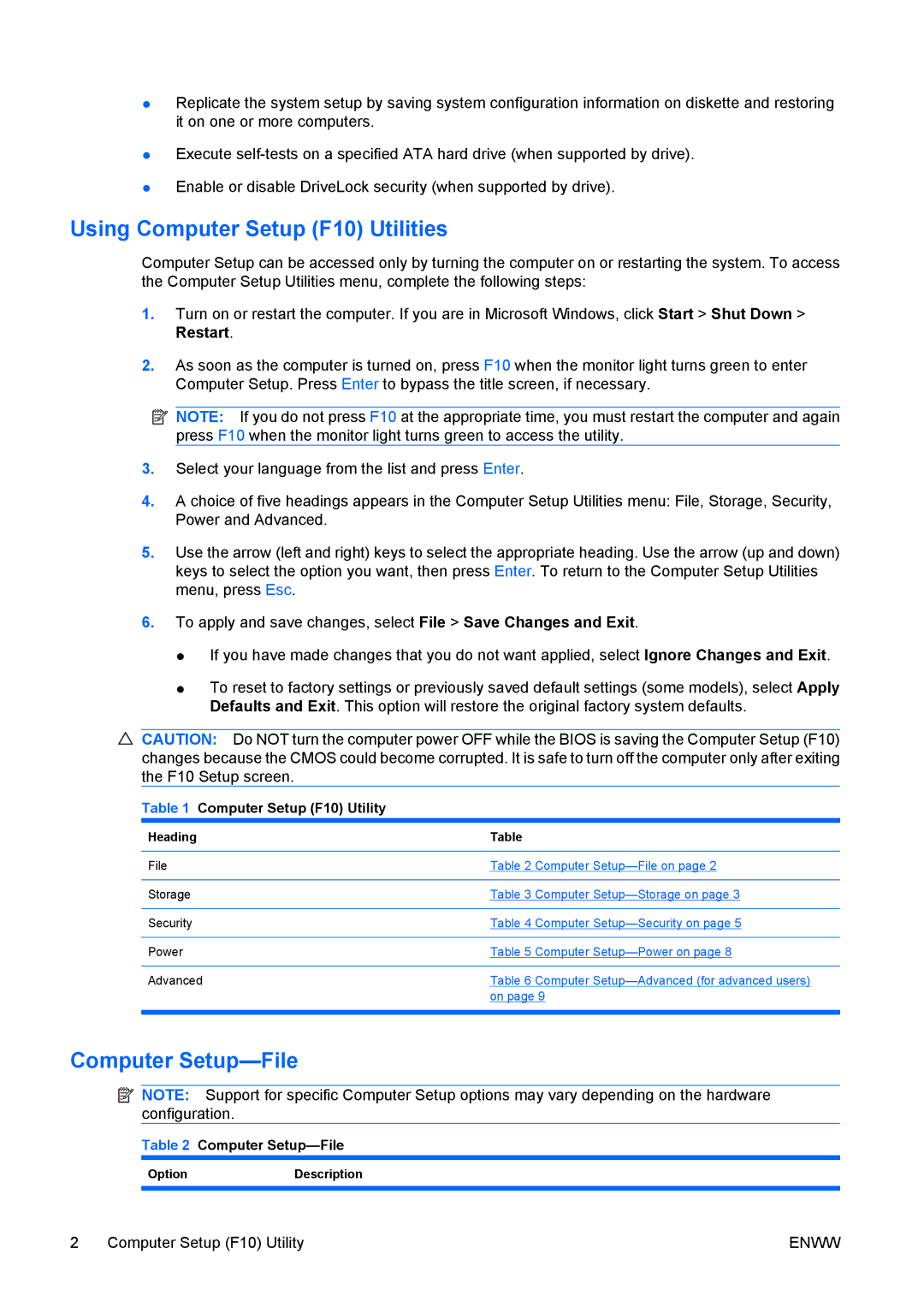 HP dc7800 tower Using Computer Setup F10 Utilities, Computer Setup-File, Computer Setup F10 Utility, OptionDescription 