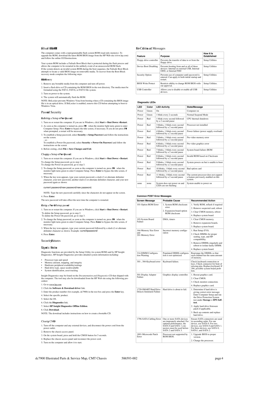 HP dc7800 tower manual Failsafe Boot Block ROM, Password Security, Security Features Diagnostic Functions 