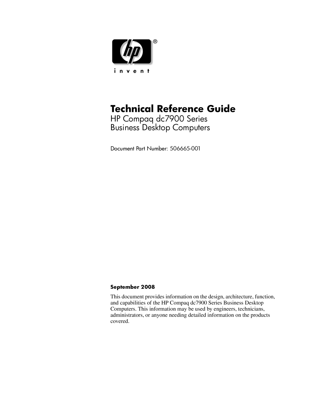 HP dc7800 tower manual Technical Reference Guide, September 
