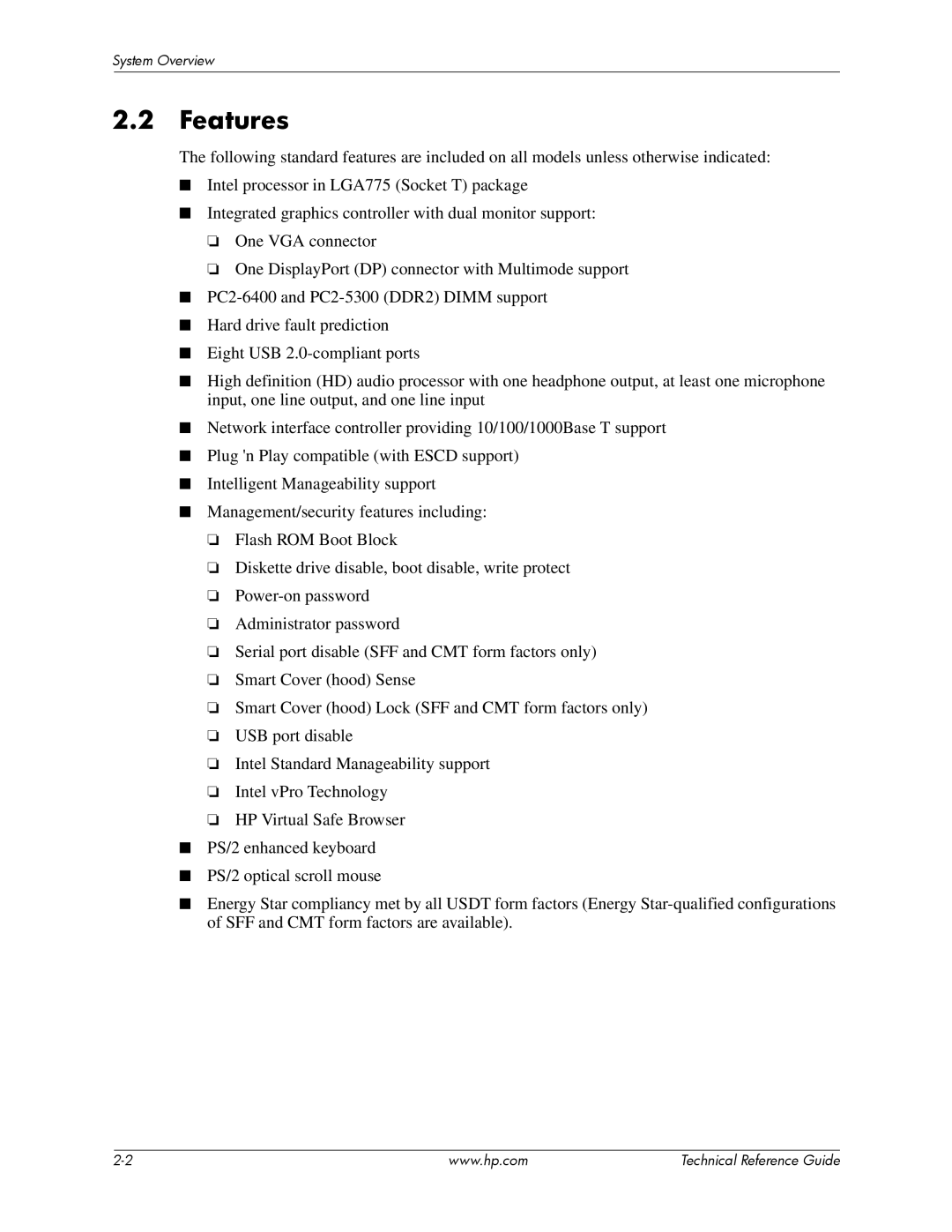 HP dc7800 tower manual Features 