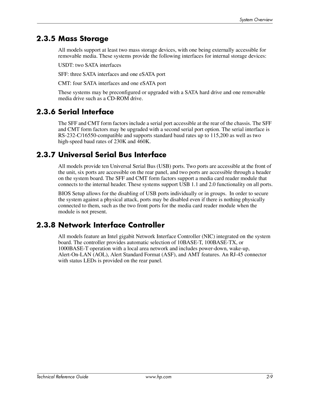 HP dc7800 tower manual Mass Storage, Serial Interface, Universal Serial Bus Interface, Network Interface Controller 