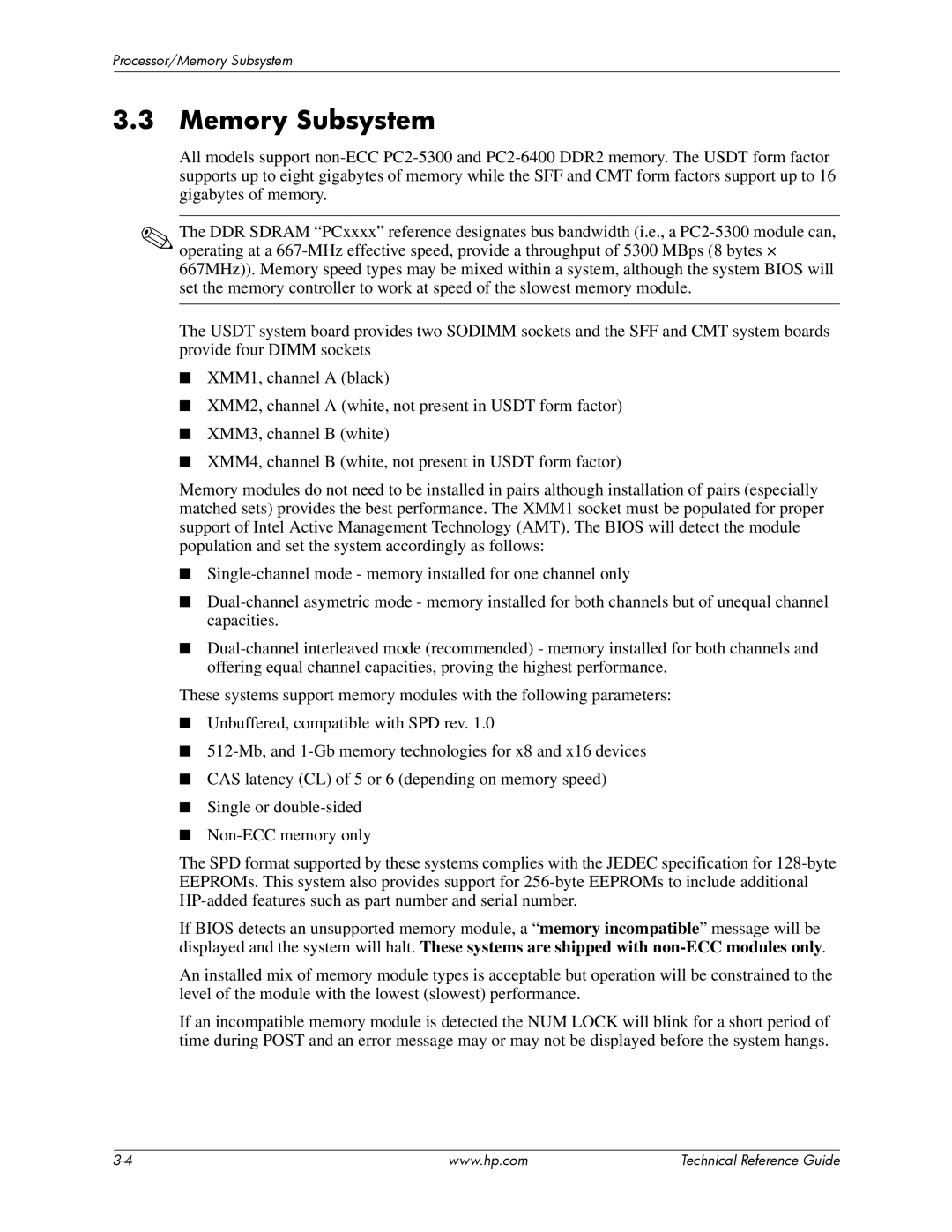 HP dc7800 tower manual Memory Subsystem 