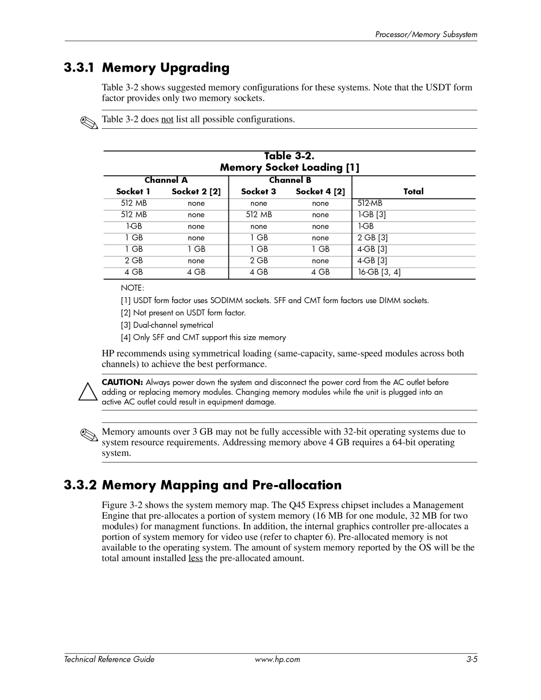 HP dc7800 tower manual Memory Upgrading, Memory Mapping and Pre-allocation, Memory Socket Loading 