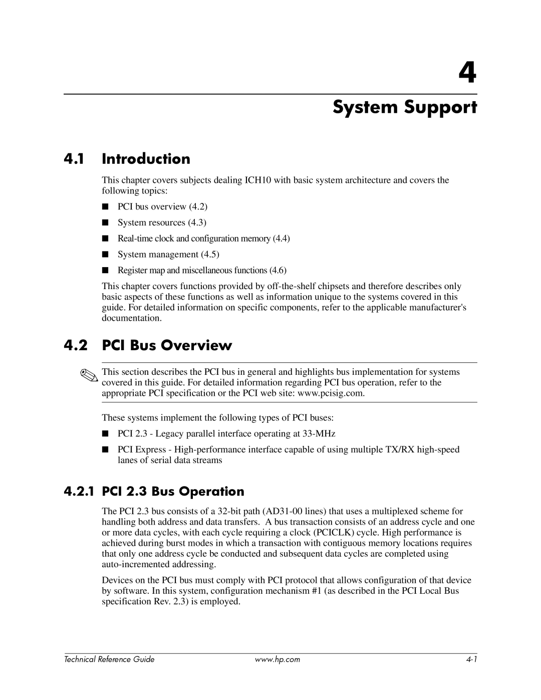 HP dc7800 tower manual System Support, PCI Bus Overview, PCI 2.3 Bus Operation 