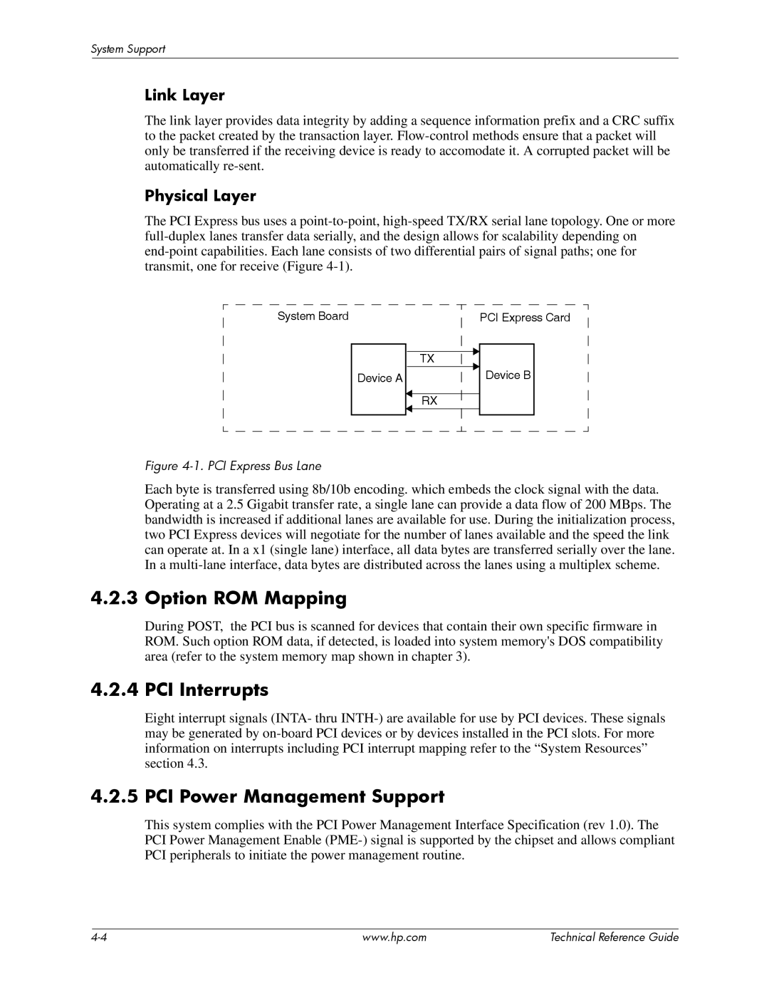 HP dc7800 tower manual Option ROM Mapping, PCI Interrupts, PCI Power Management Support, Link Layer, Physical Layer 