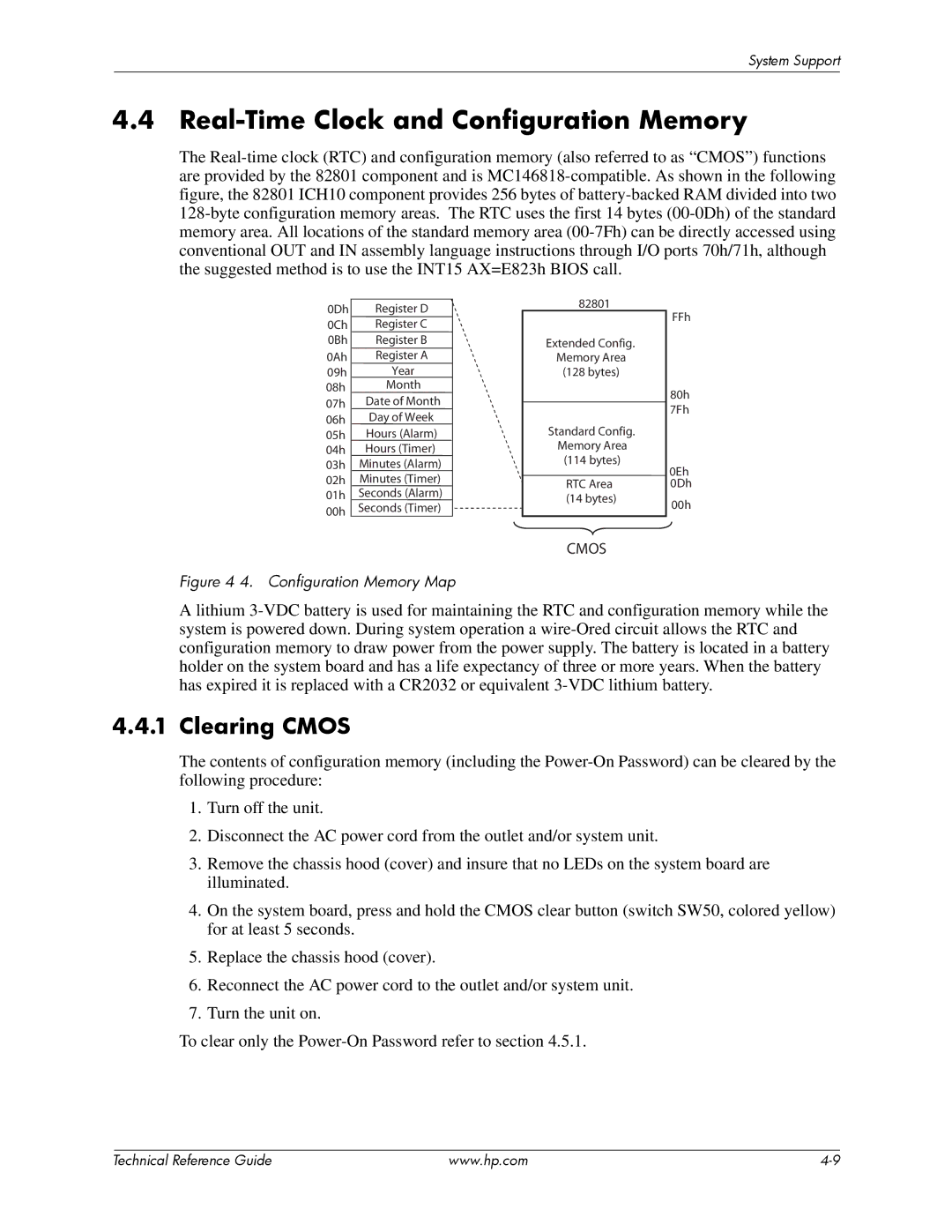 HP dc7800 tower manual Real-Time Clock and Configuration Memory, Clearing Cmos 