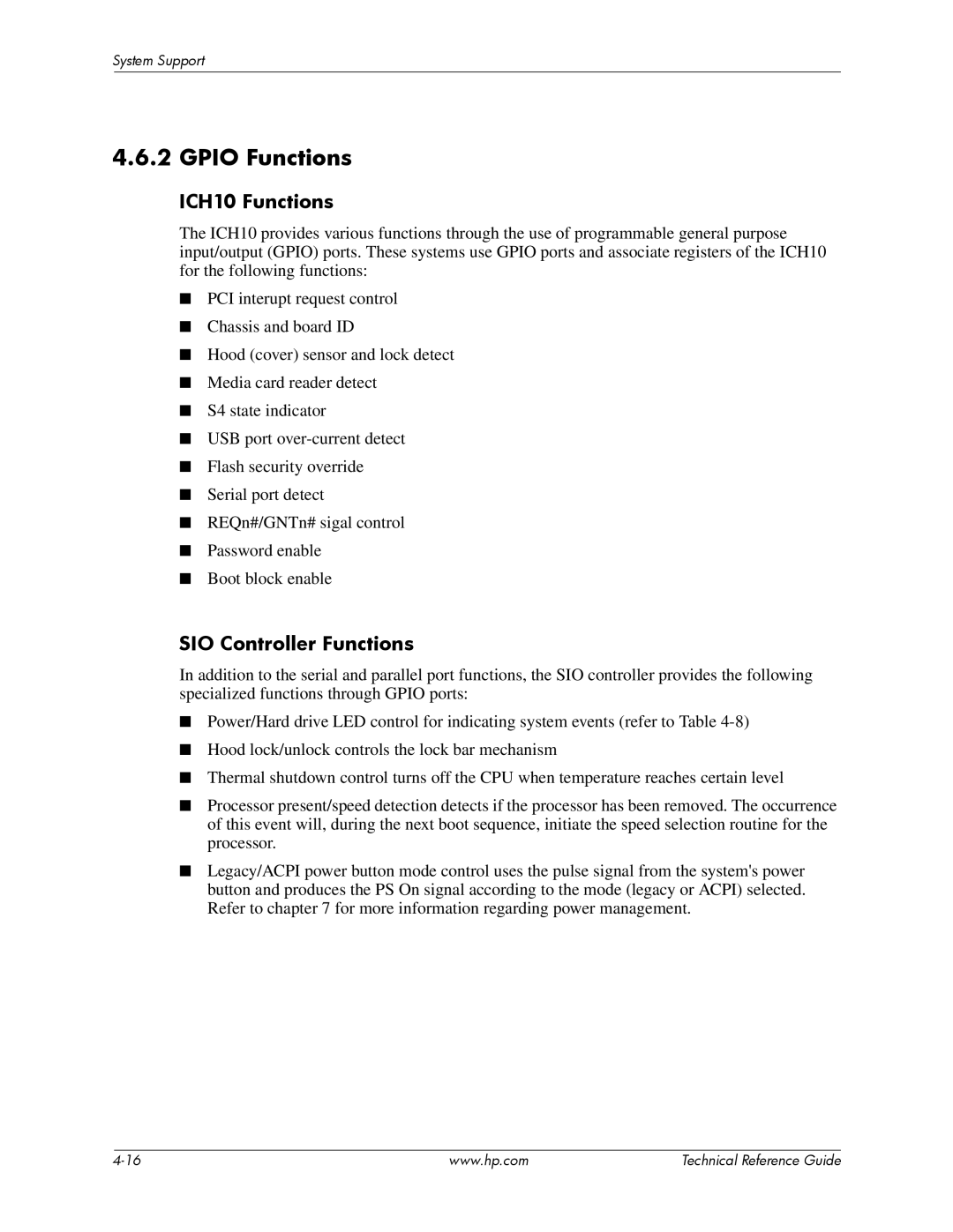 HP dc7800 tower manual Gpio Functions, ICH10 Functions, SIO Controller Functions 