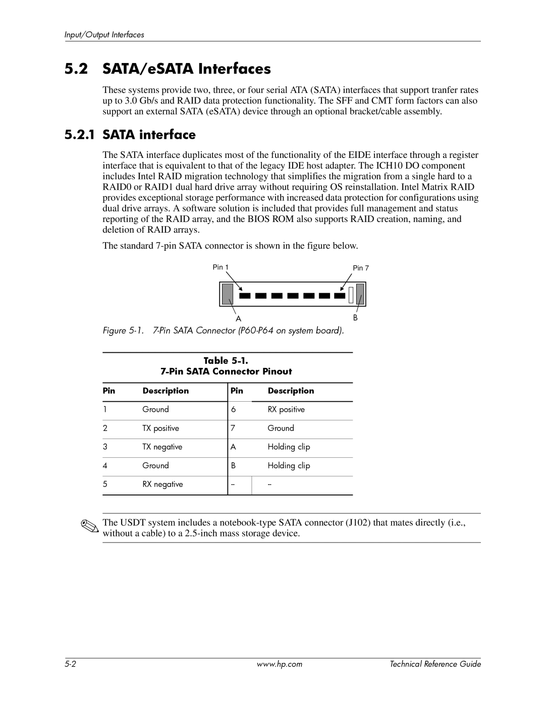 HP dc7800 tower manual SATA/eSATA Interfaces, Sata interface, Pin Sata Connector Pinout, Pin Description 