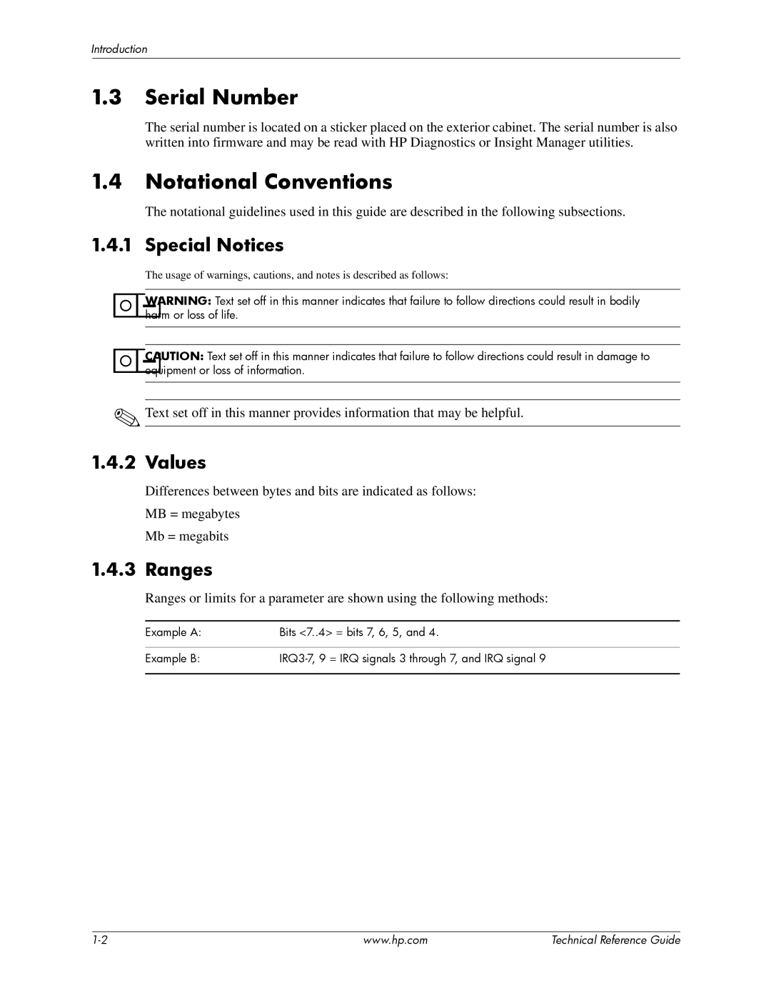 HP dc7800 tower manual Serial Number, Notational Conventions, Special Notices, Values, Ranges 