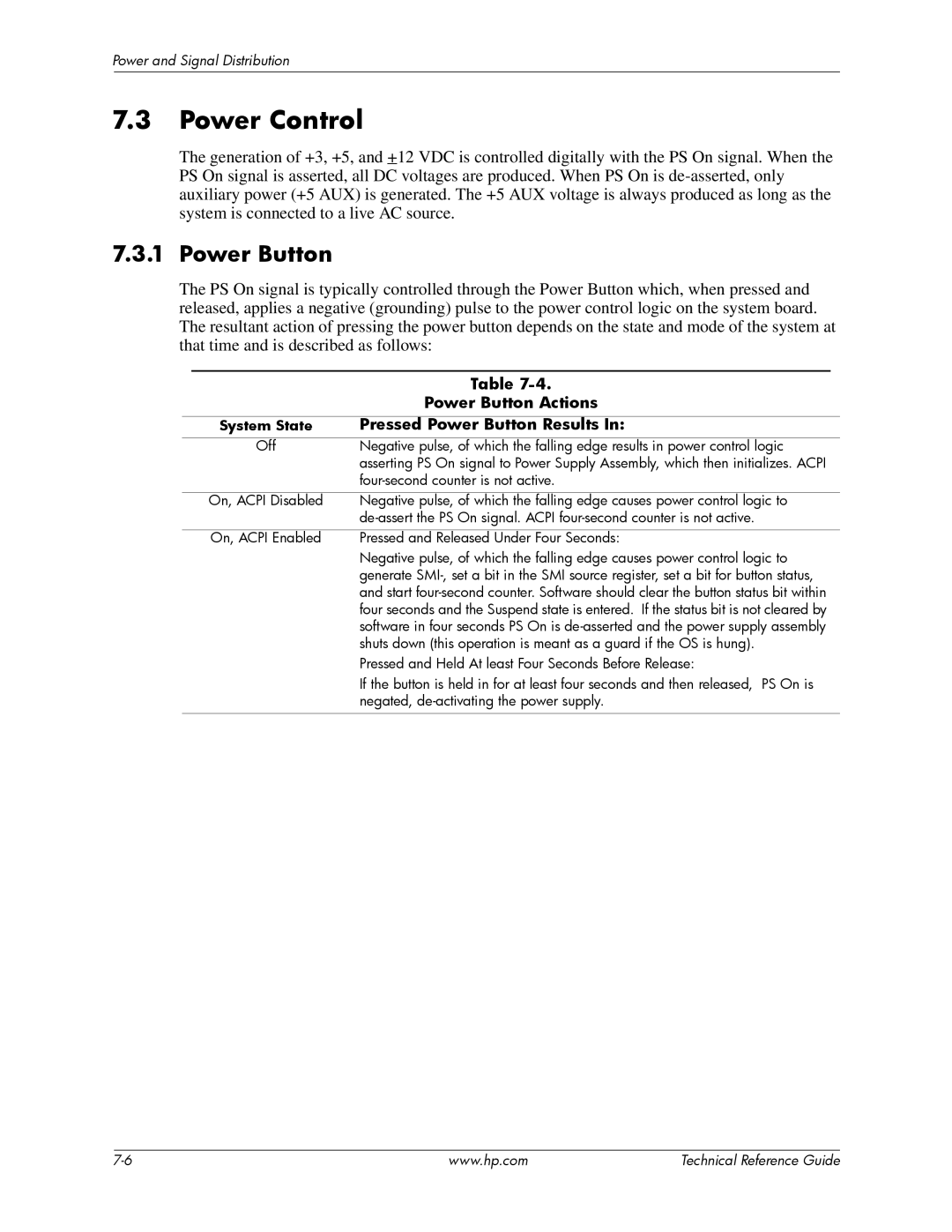 HP dc7800 tower manual Power Control, Power Button Actions, Pressed Power Button Results, System State 