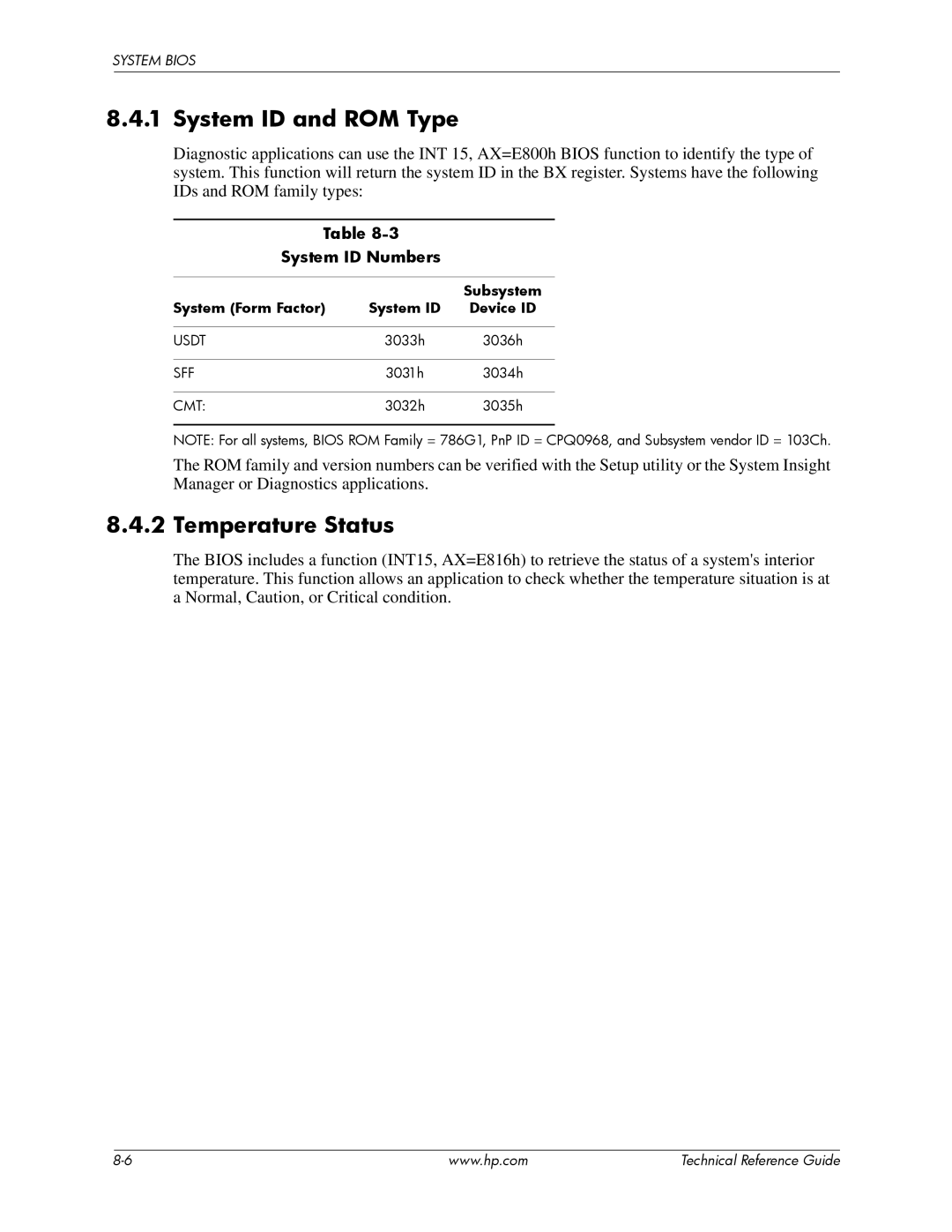 HP dc7800 tower manual System ID and ROM Type, Temperature Status, System ID Numbers, Subsystem 